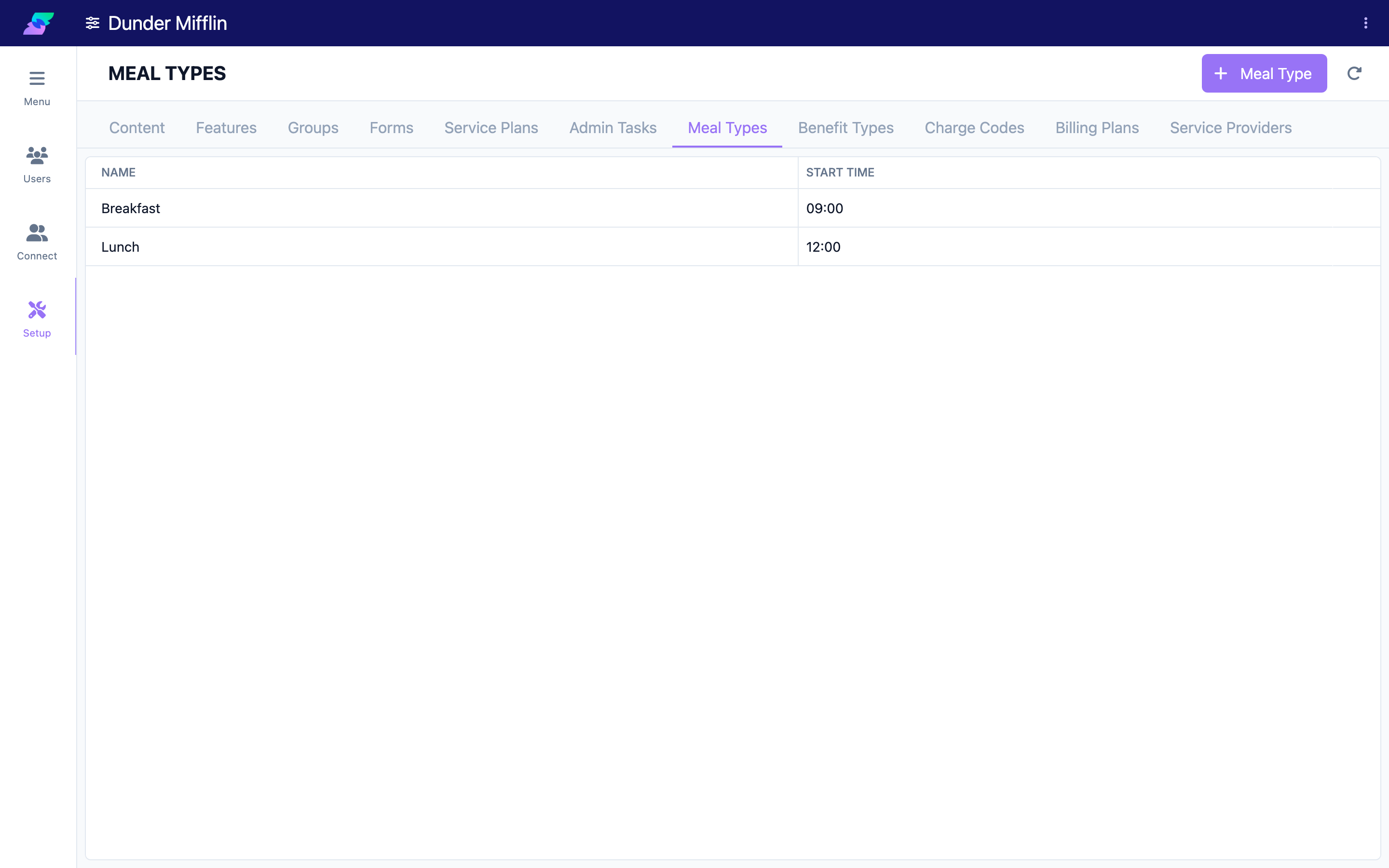A structured Setup tab such as Meal Types
