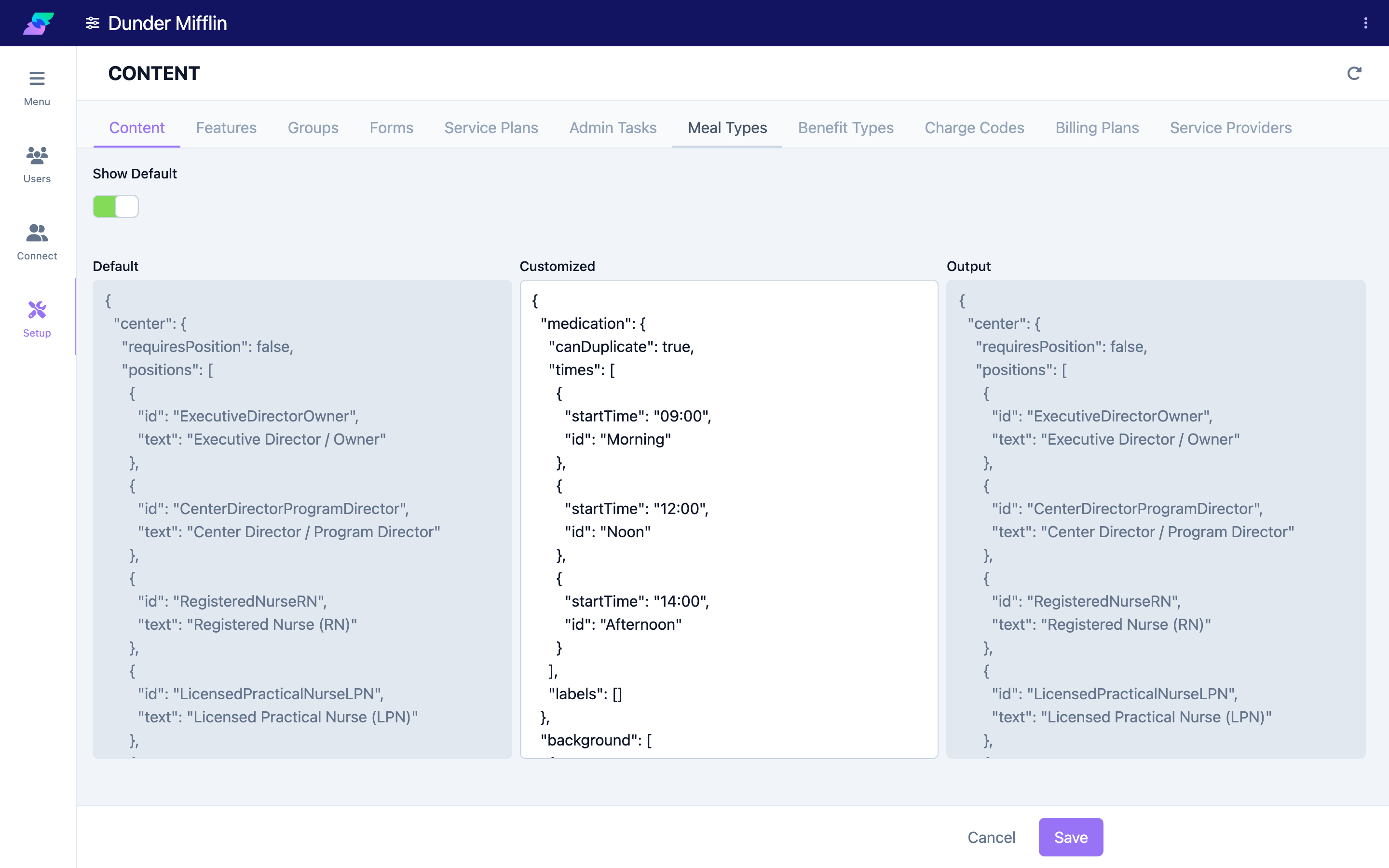 Content tab showing Default, Customized, and Output
