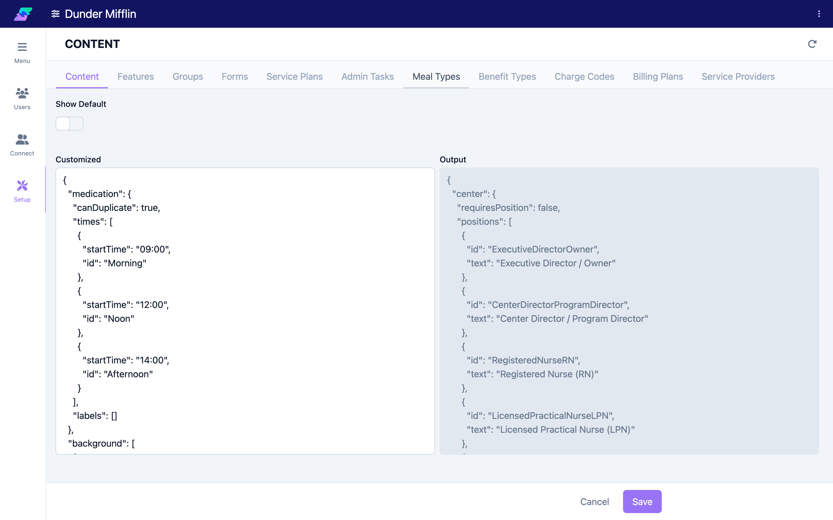 Center Setup page