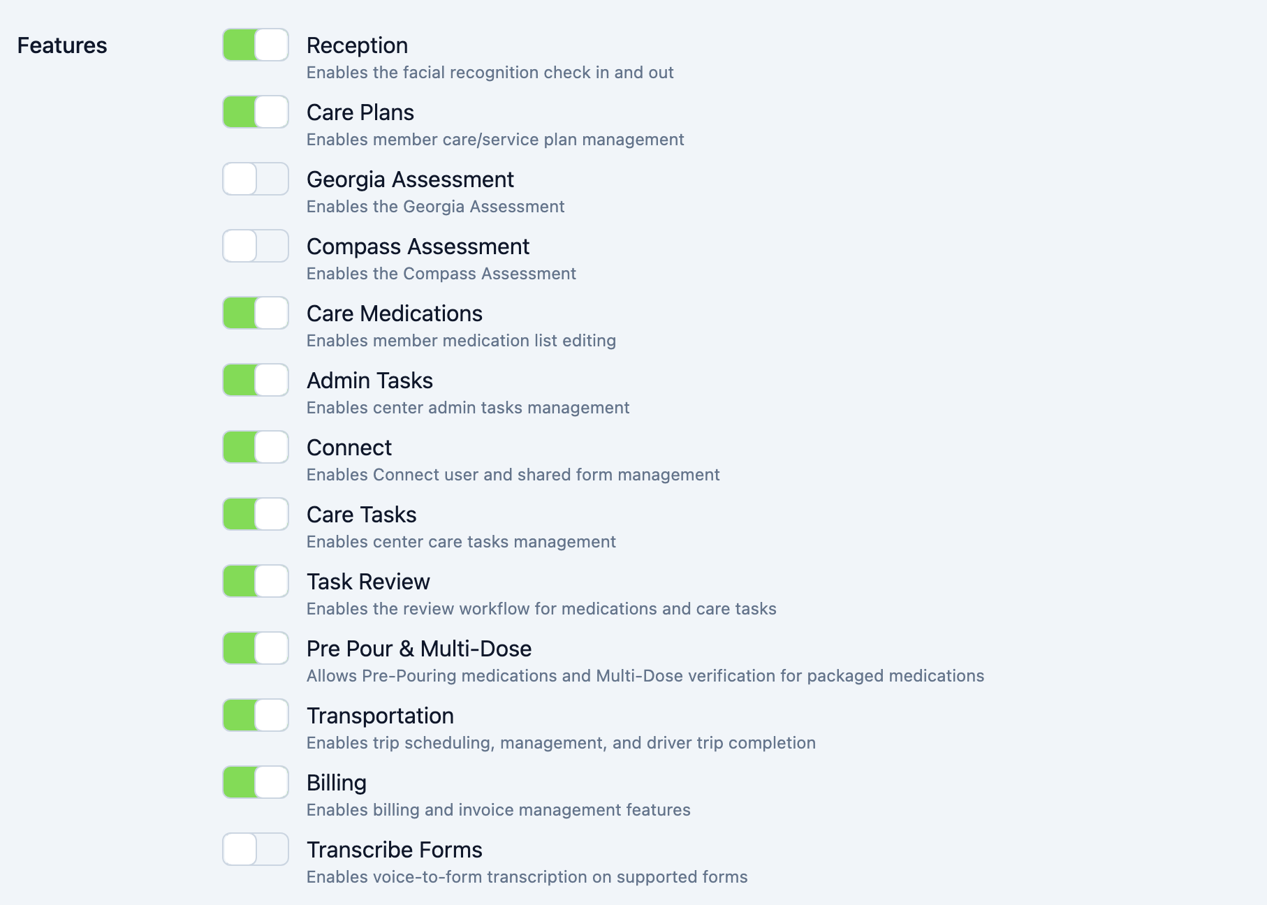Toggling a feature on the Features tab