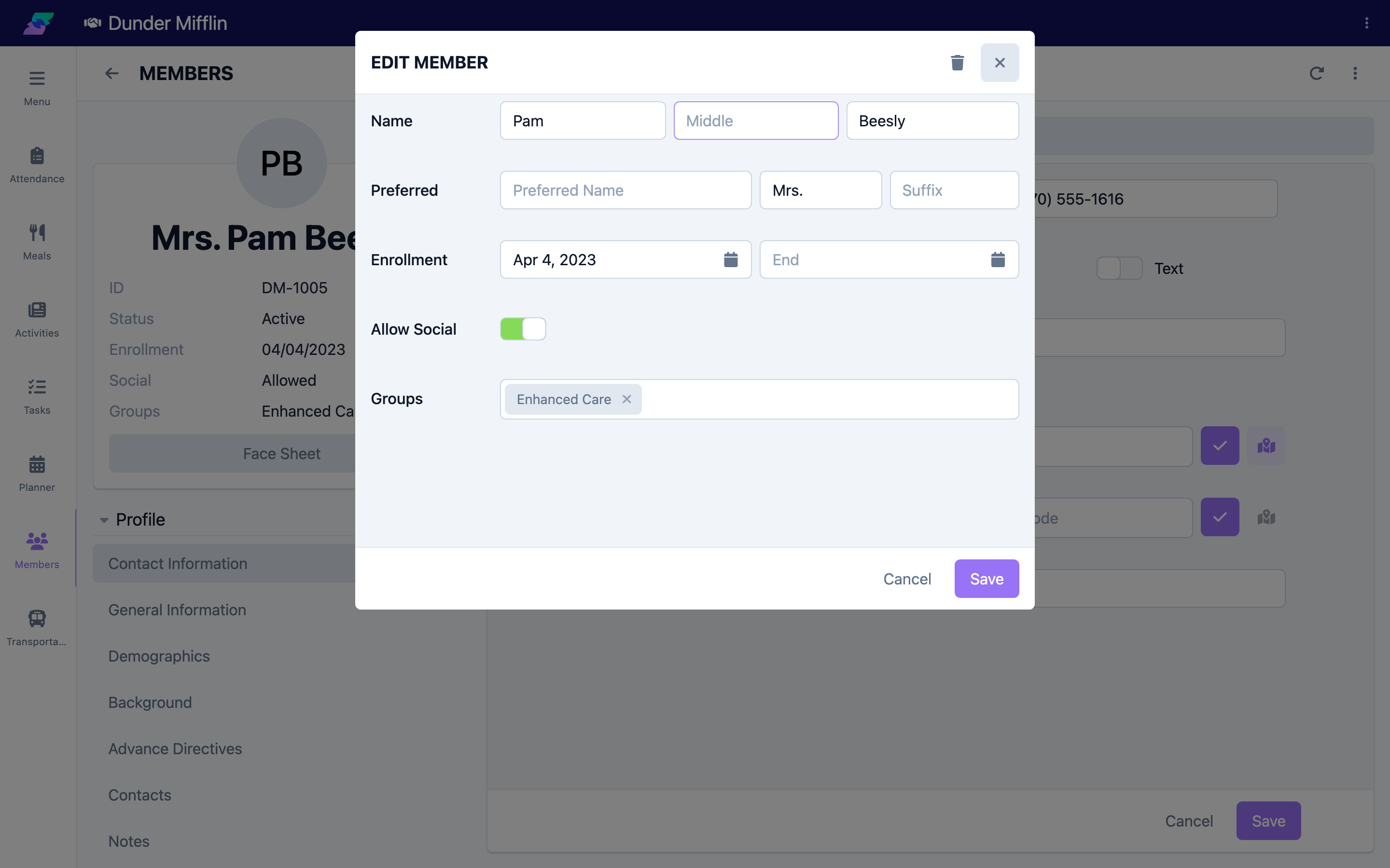 Assigning a member to groups from the member profile