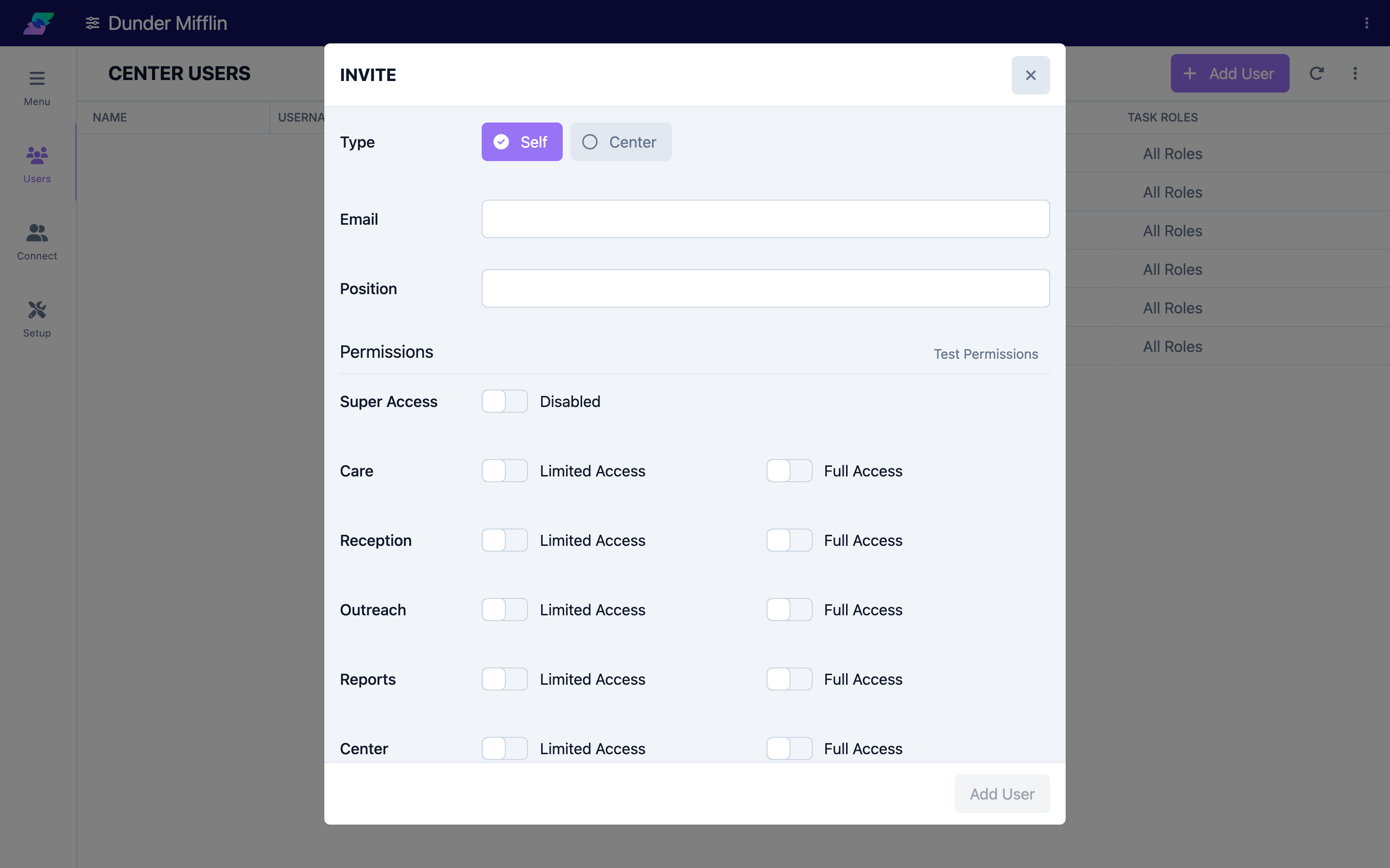 Type selector showing Self and Center