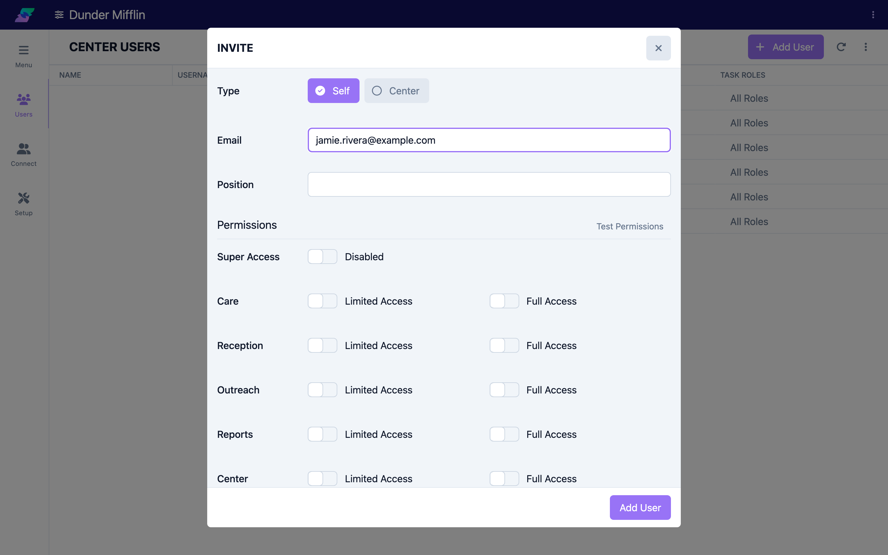 User details fields for the selected account type
