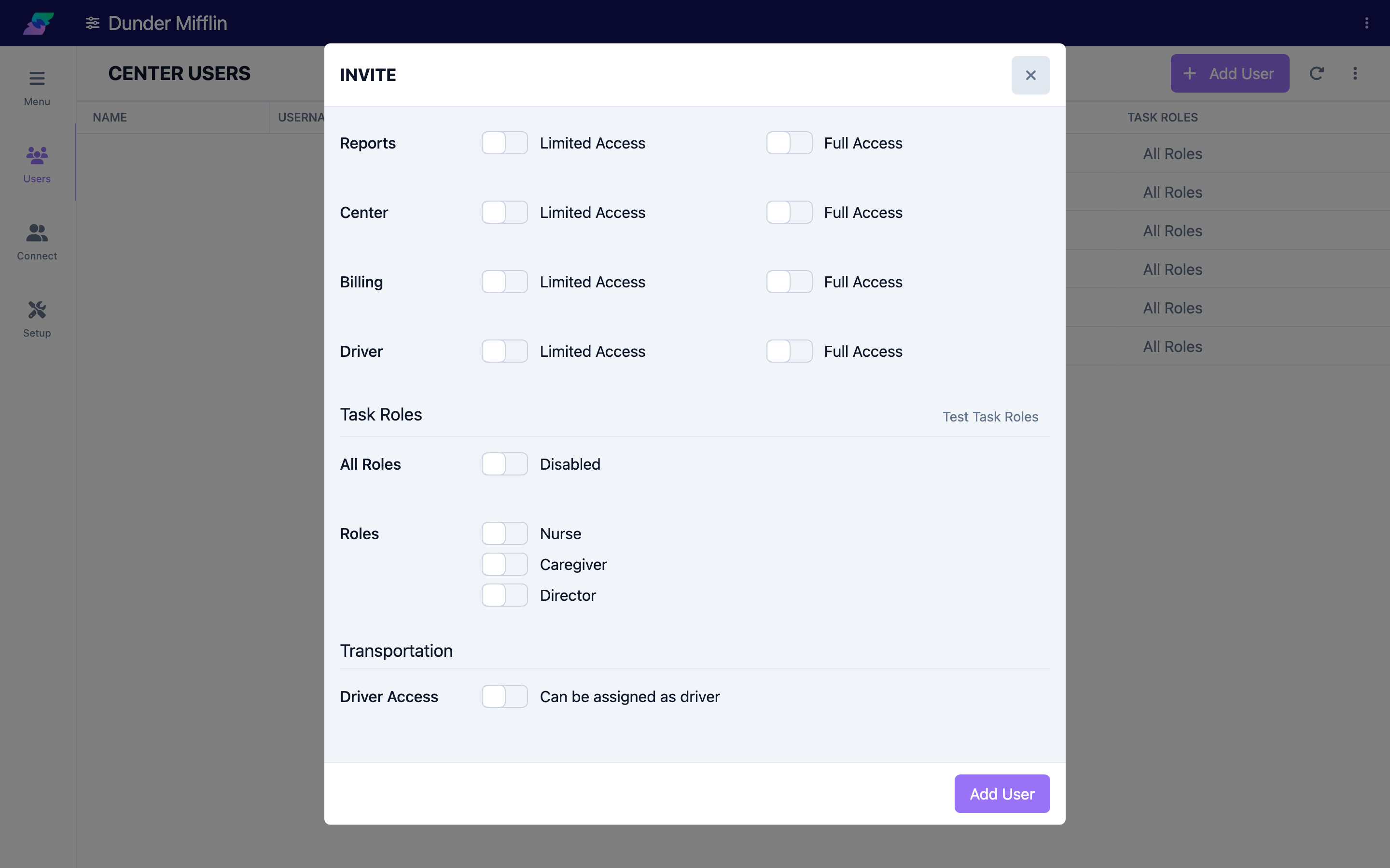 Permissions and Task Roles sections in the invite panel