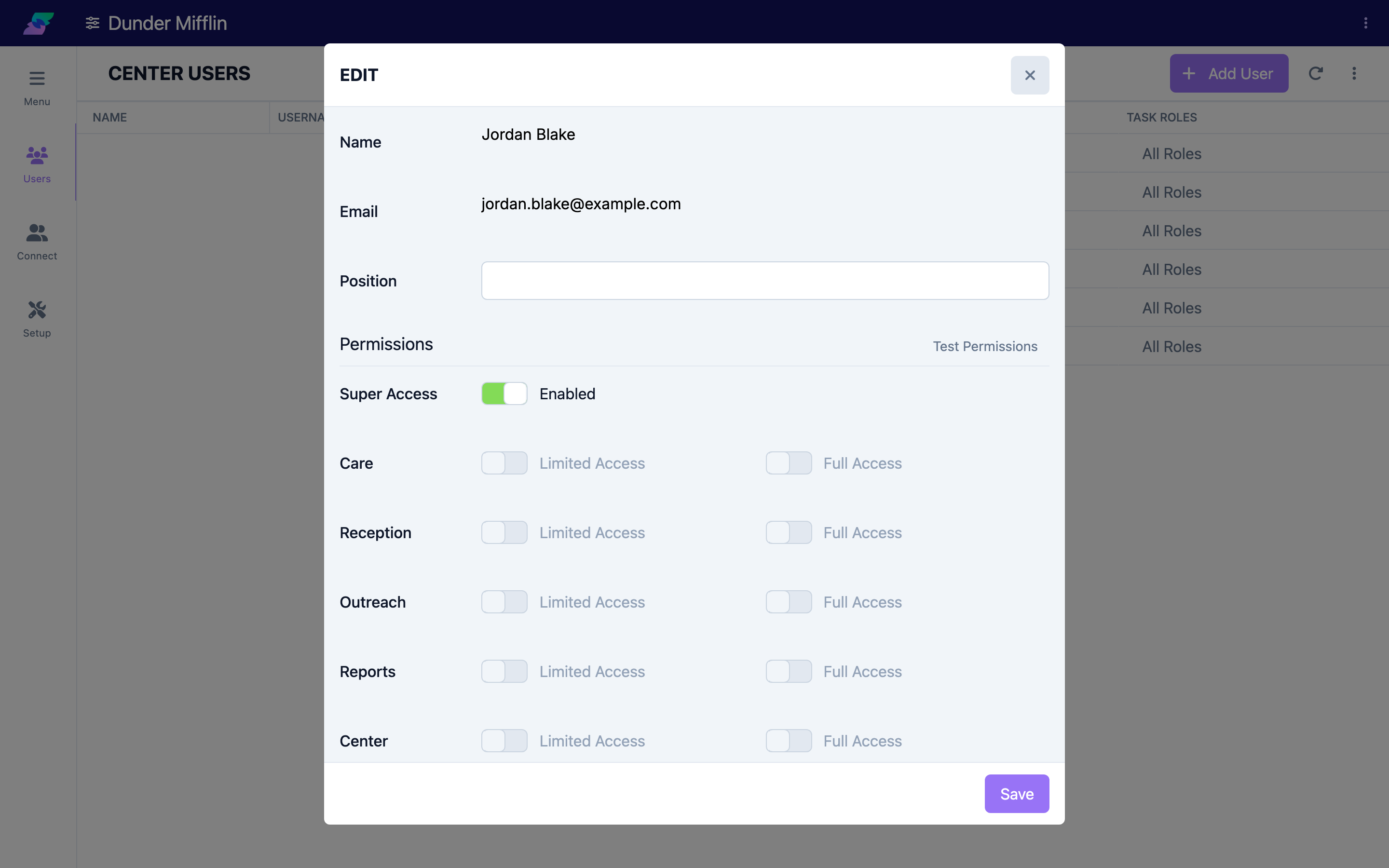 Center Users page with a user selected