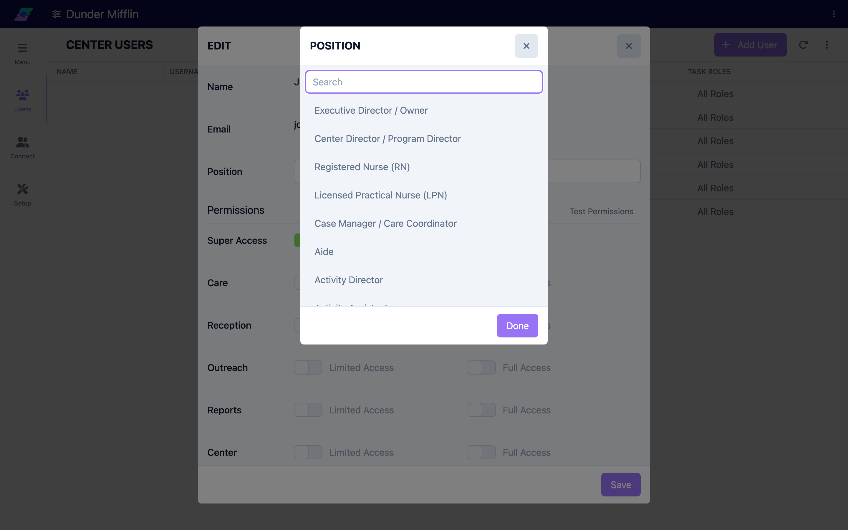 Position selector on the user edit panel