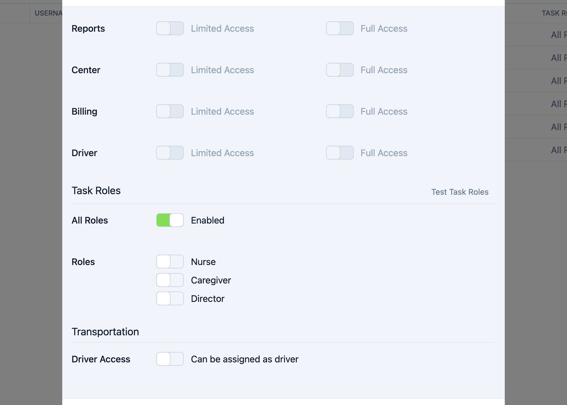 Task Roles section showing the All Roles toggle