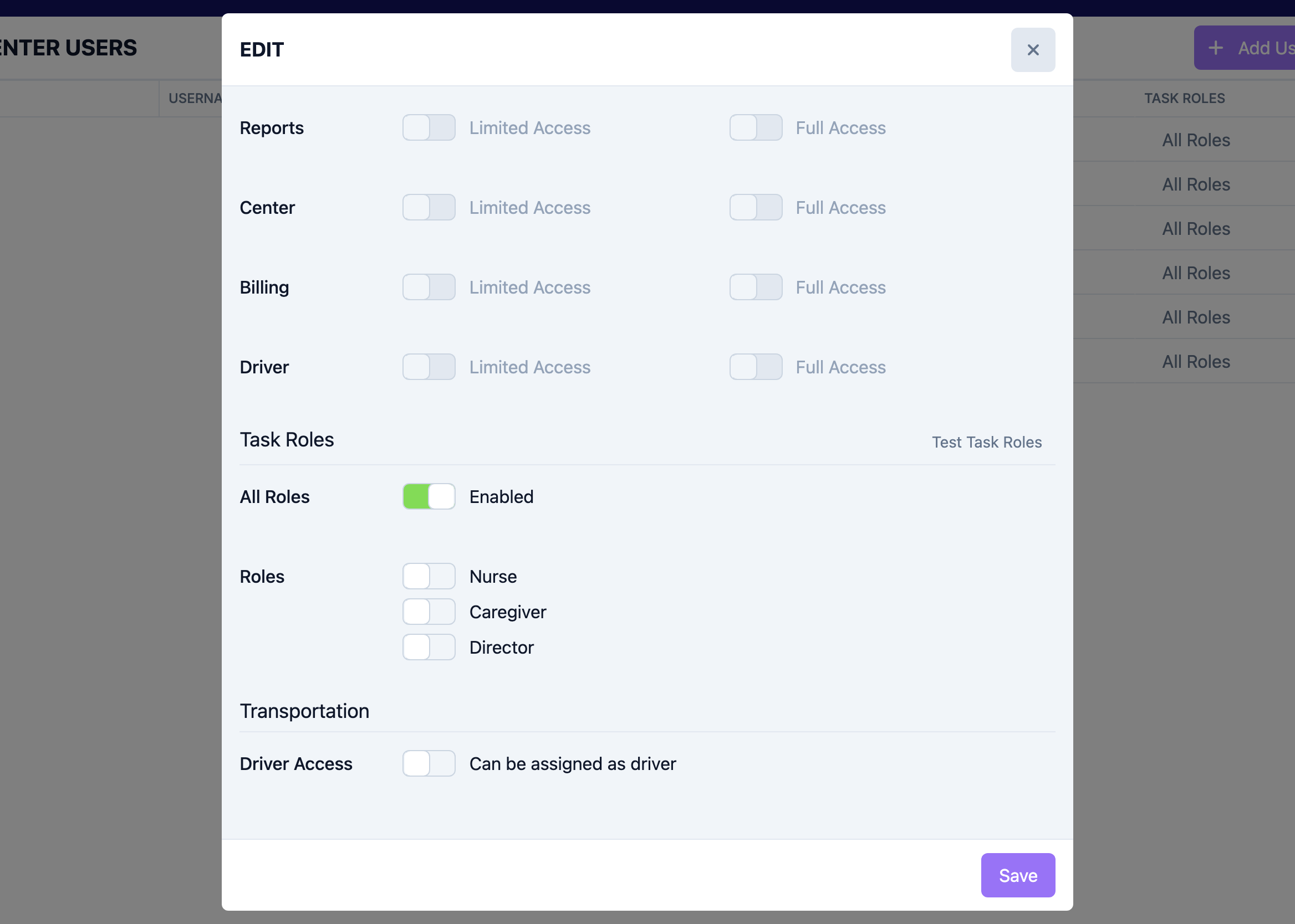 Save button on the user edit panel