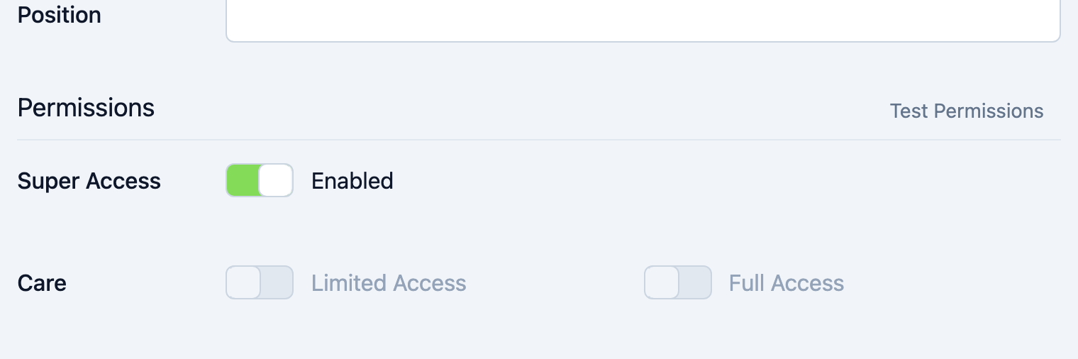 Super Access toggle in the Permissions section
