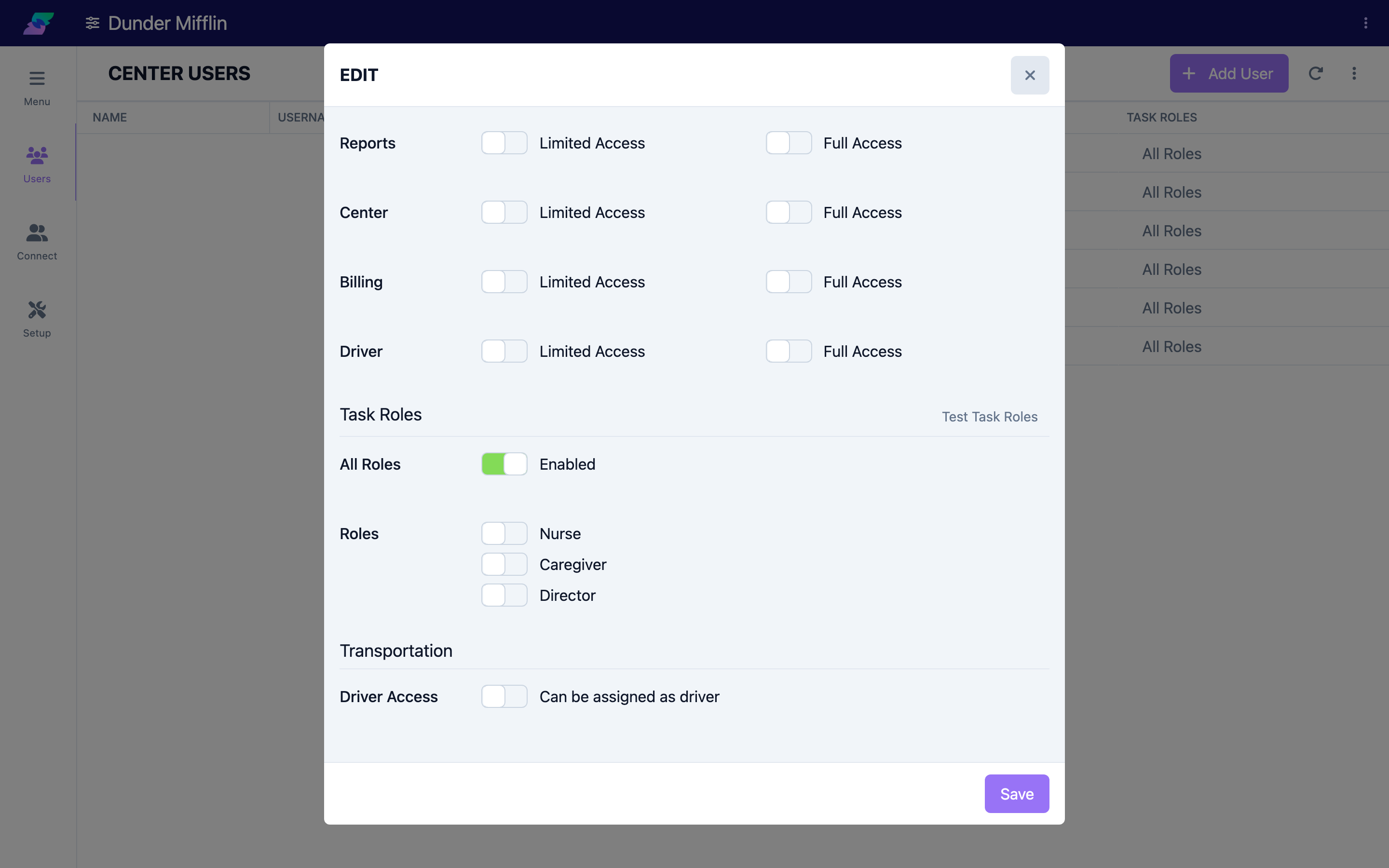 Save button on the user permissions panel