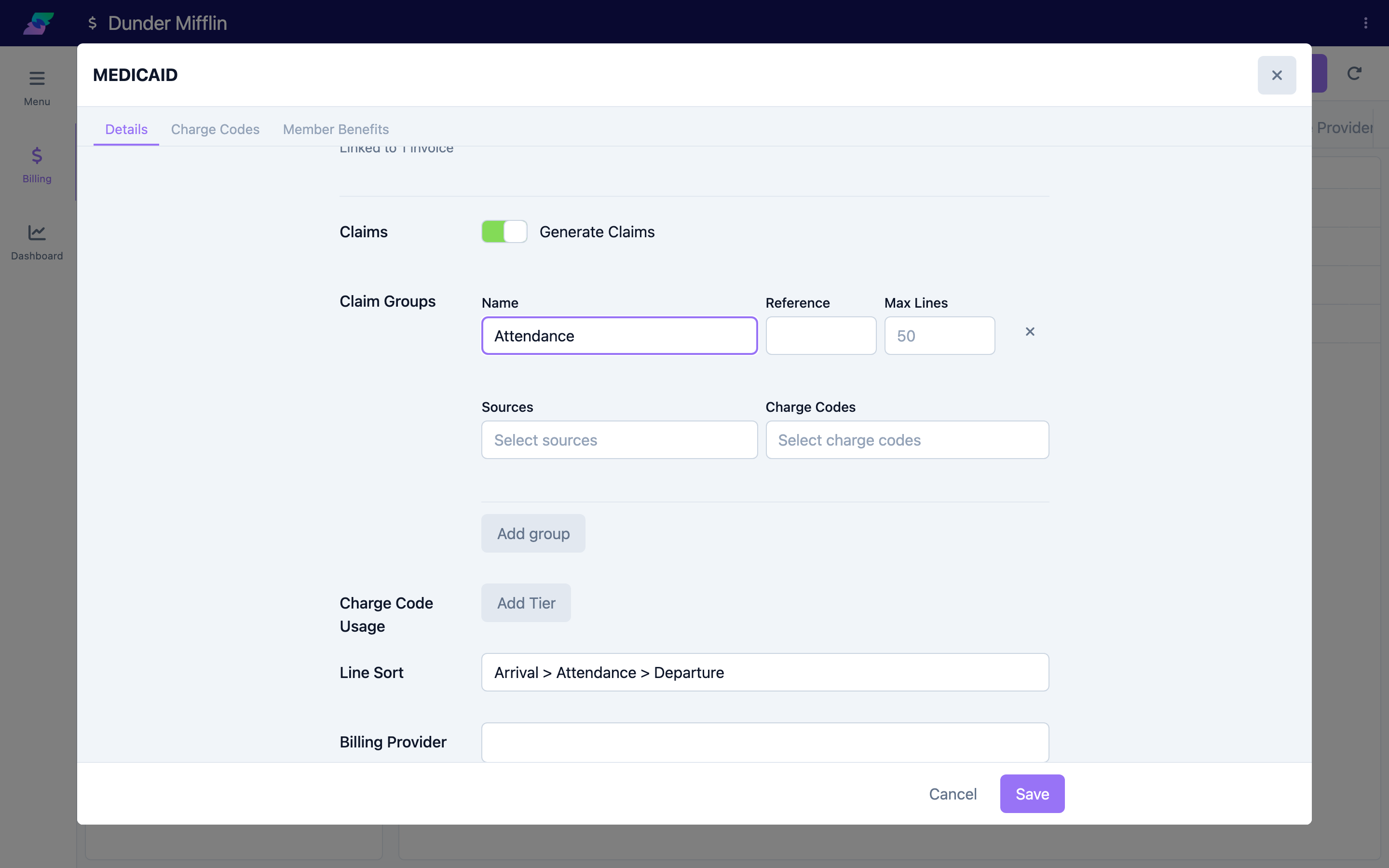 Claim group configuration on the benefit type showing name, source types, charge codes, and max lines