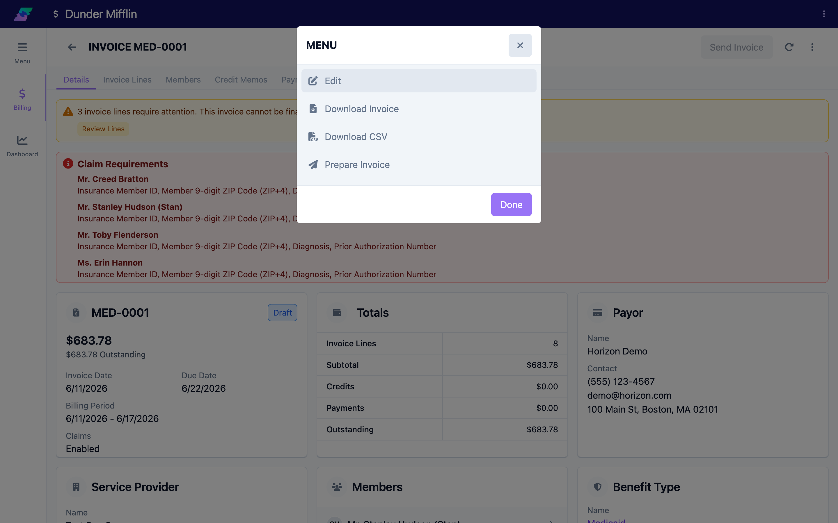 Claims-enabled invoice detail with the Claim Requirements panel and the Prepare Invoice action in the actions menu