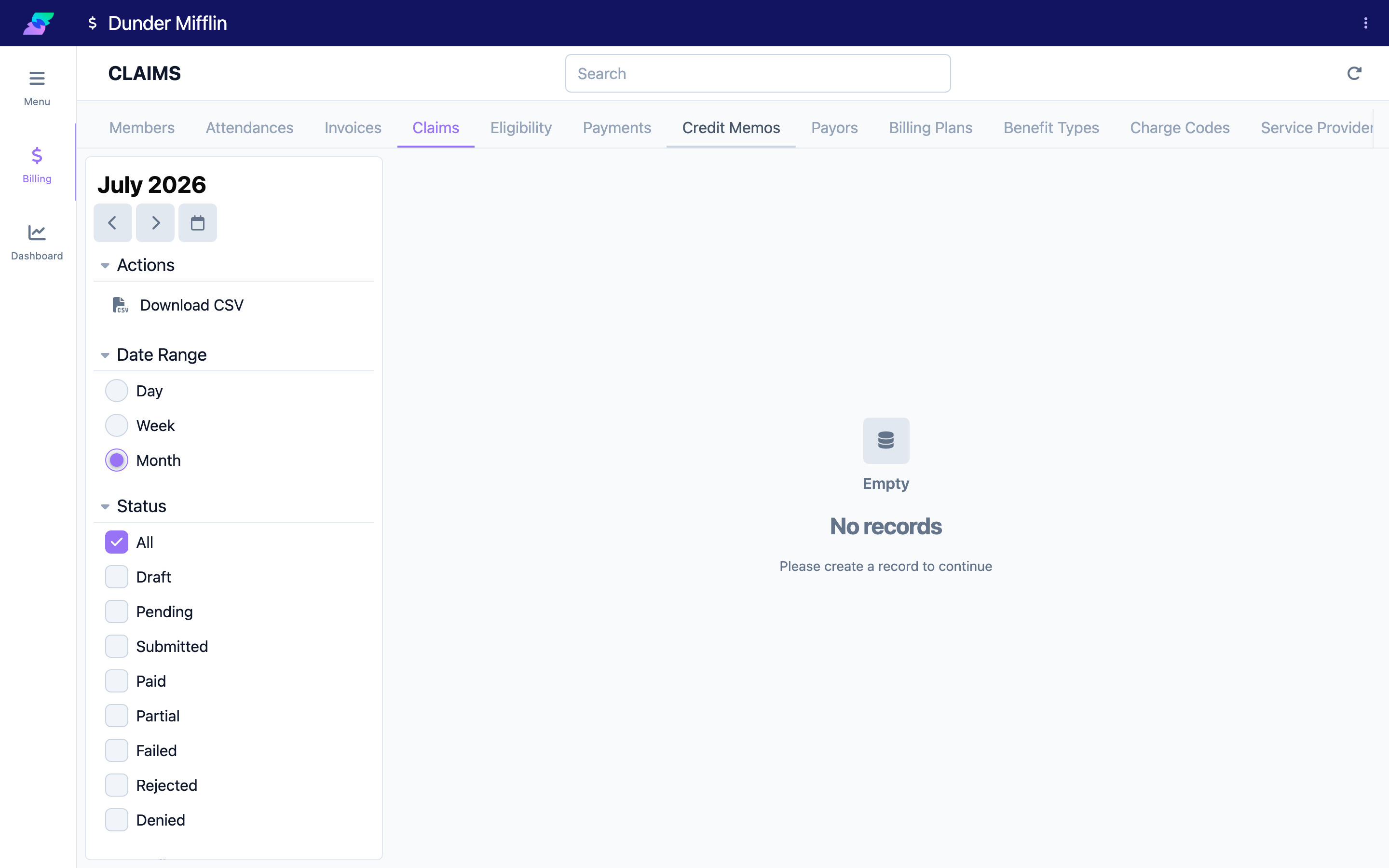 Claims tab with the status, benefit type, and member filters