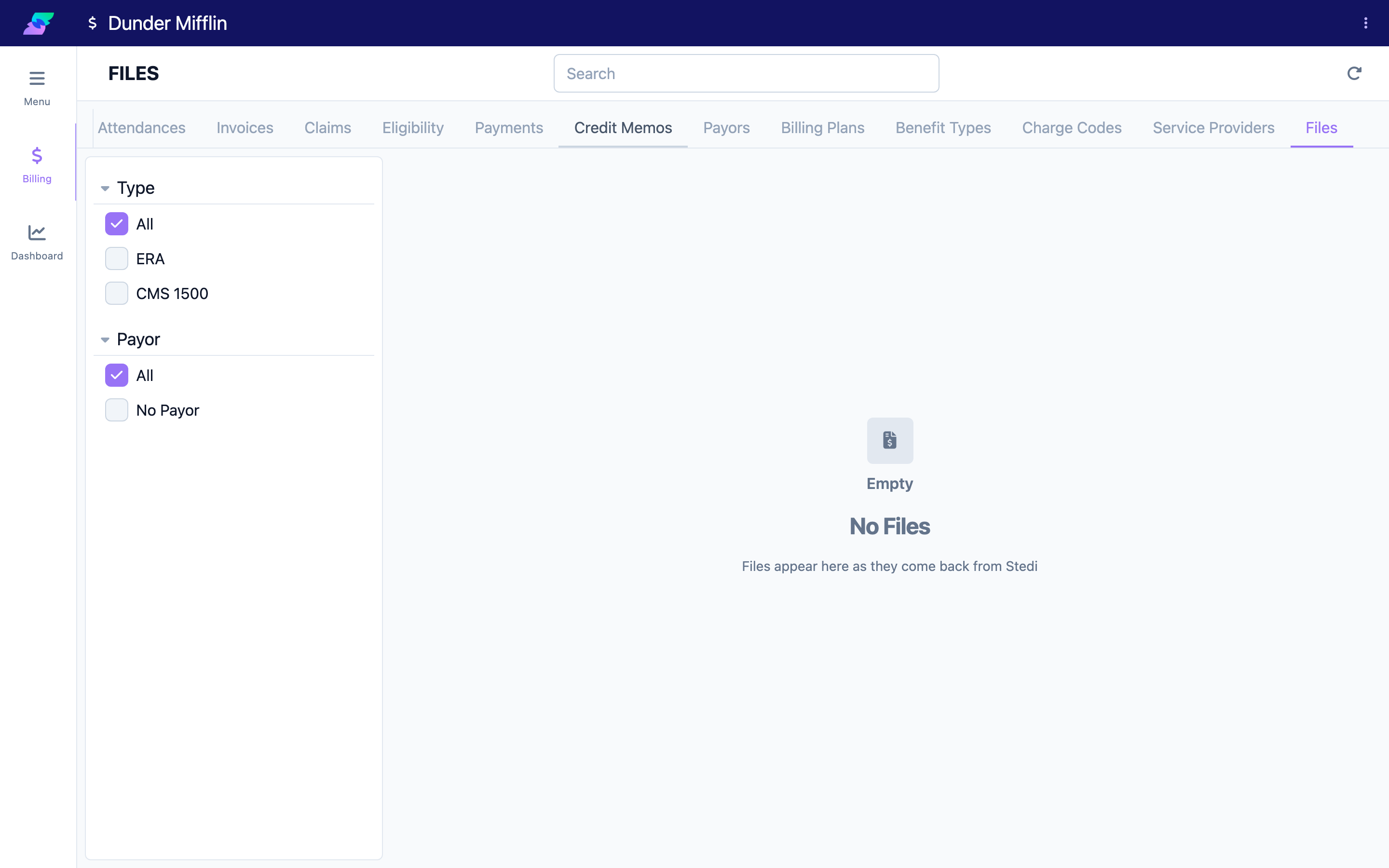 Billing Files tab listing inbound ERA documents with payor, amount, and dates