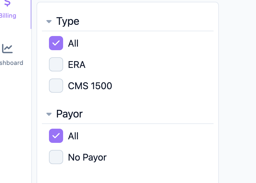 Files tab with the Type and Payor filters open