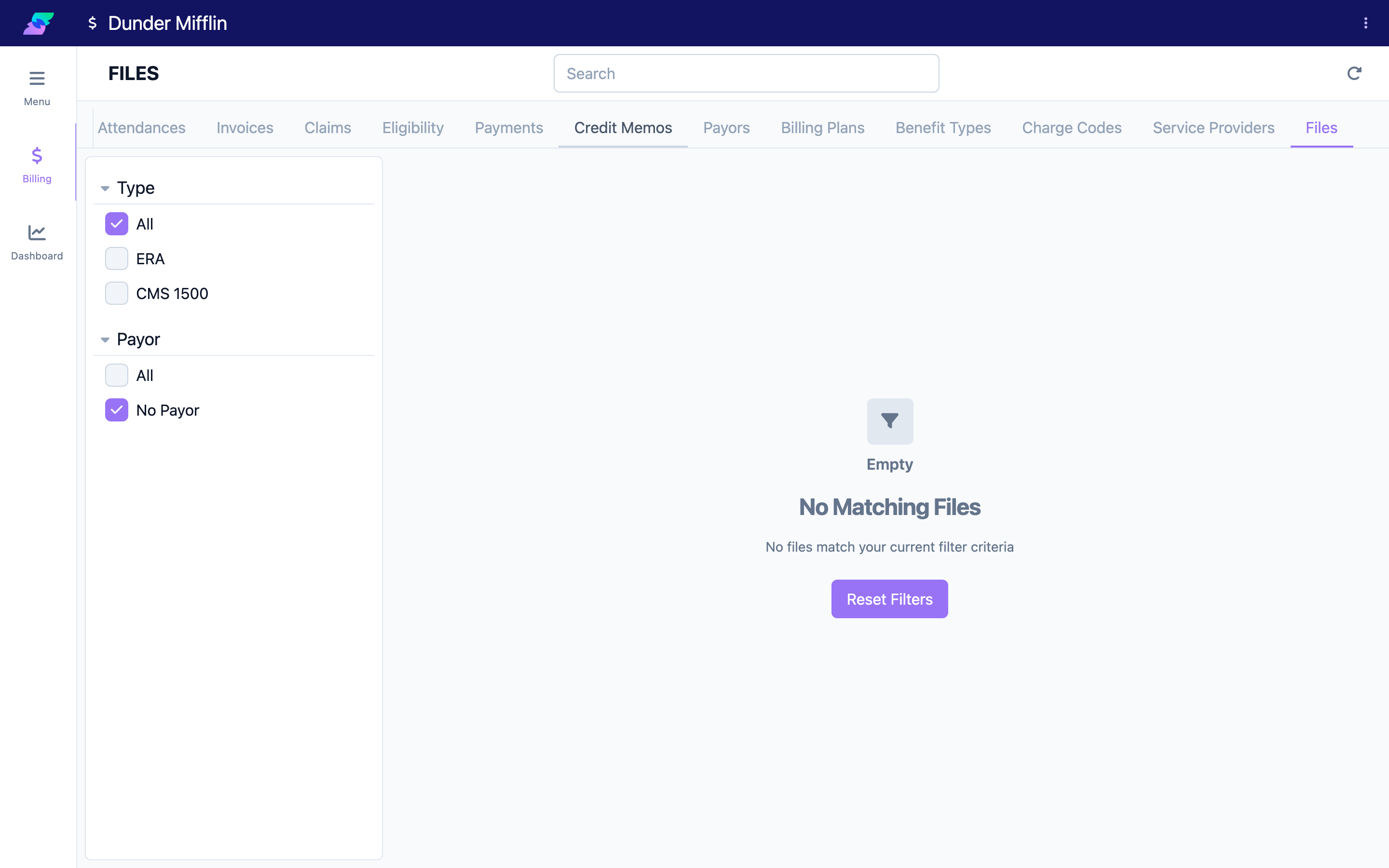 Files tab filtered to No Payor showing unmatched ERA documents