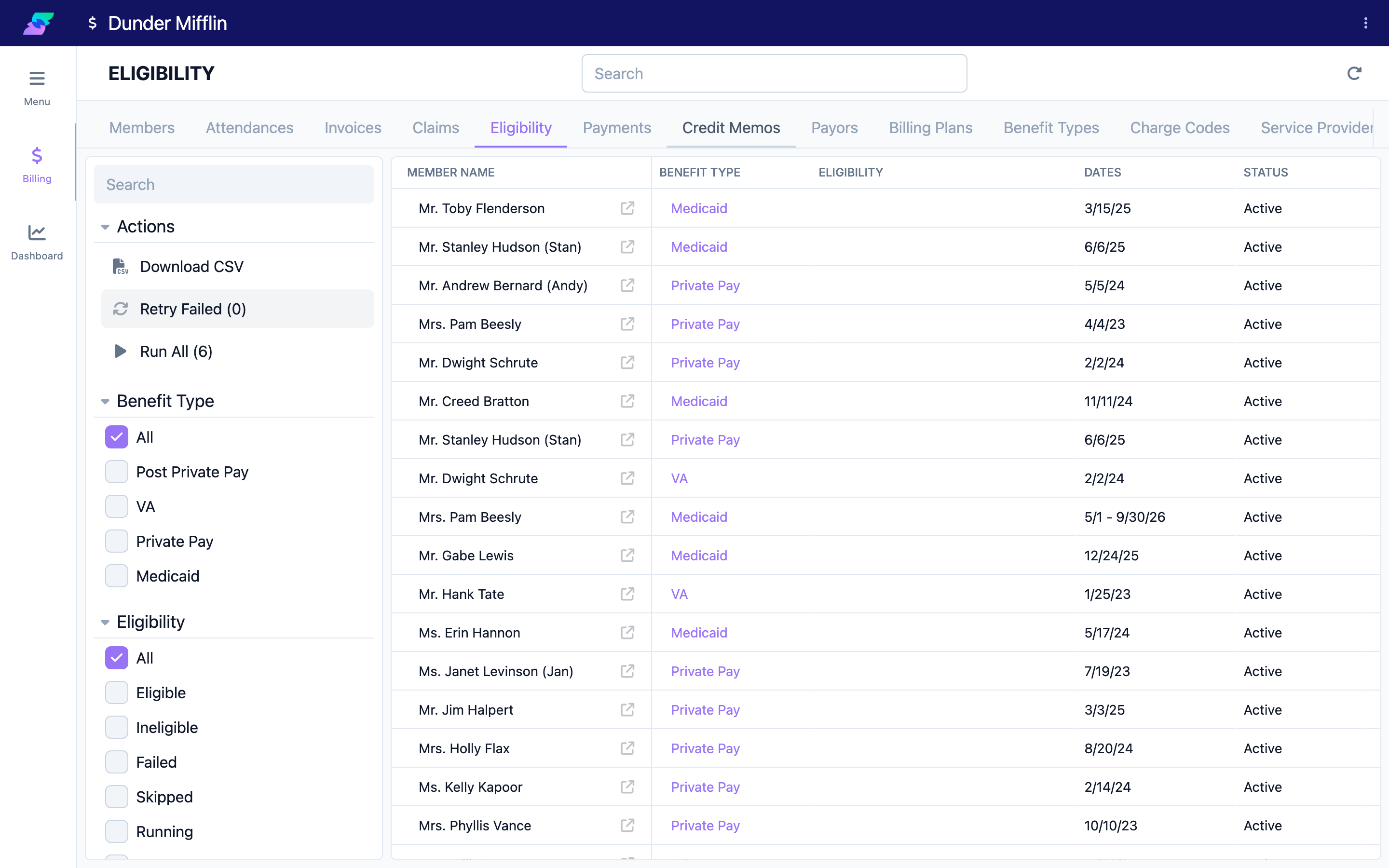 Billing Eligibility tab with member benefits, the Eligibility column, and filters