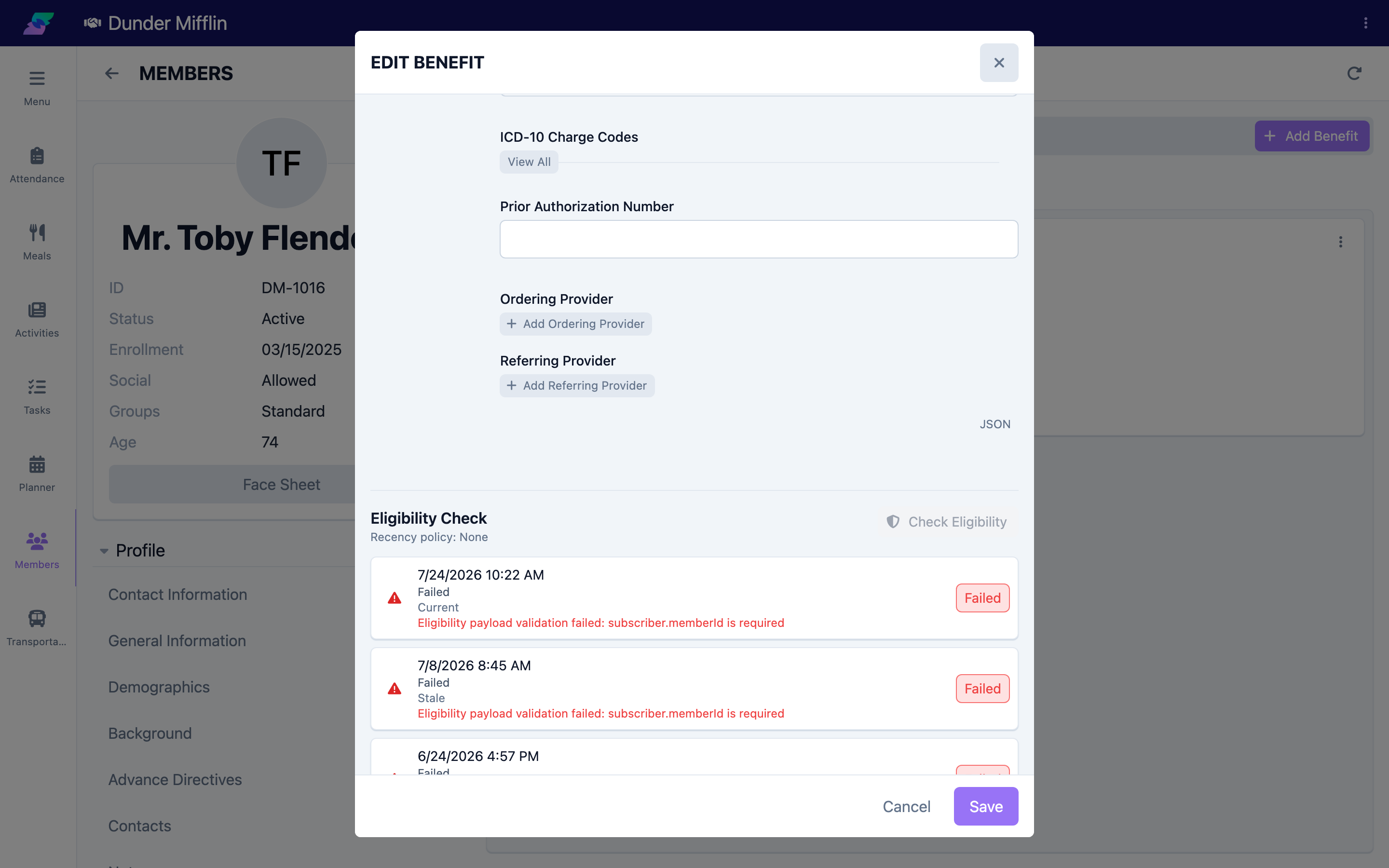 Member benefit form with the Check Eligibility button and the list of past checks