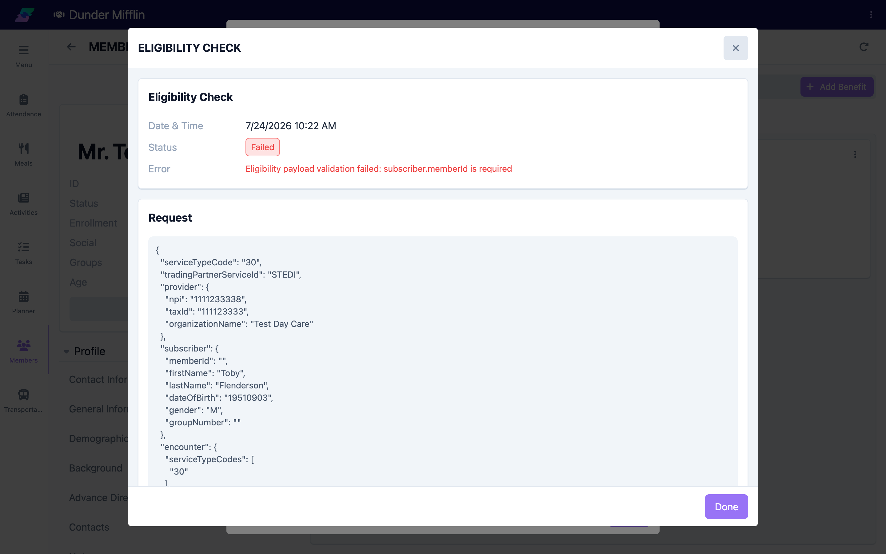 Eligibility check detail showing status, result, and the 270 request and 271 response