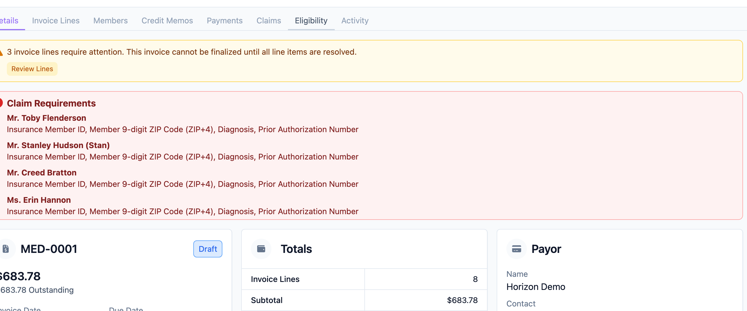 Claim Requirements panel on a claims invoice, blocking finalization until missing member data is resolved