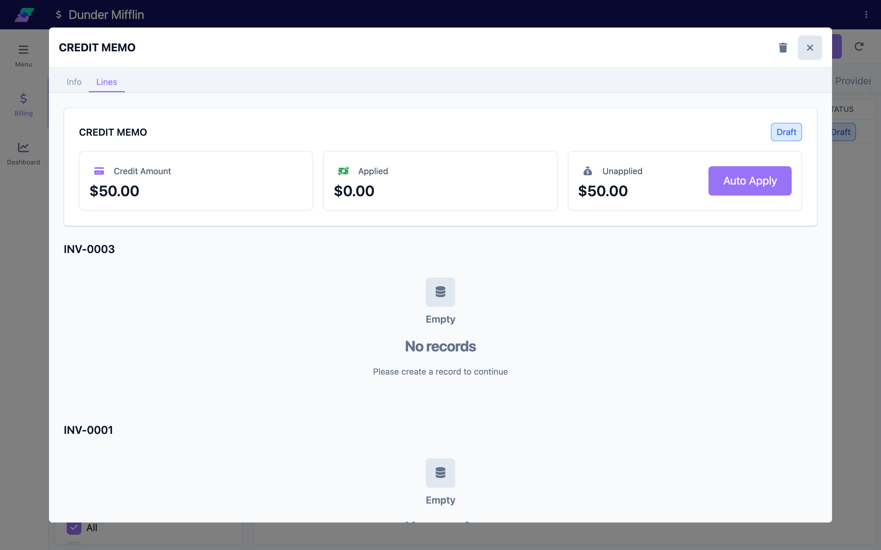 Credit memo window with the Lines tab selected