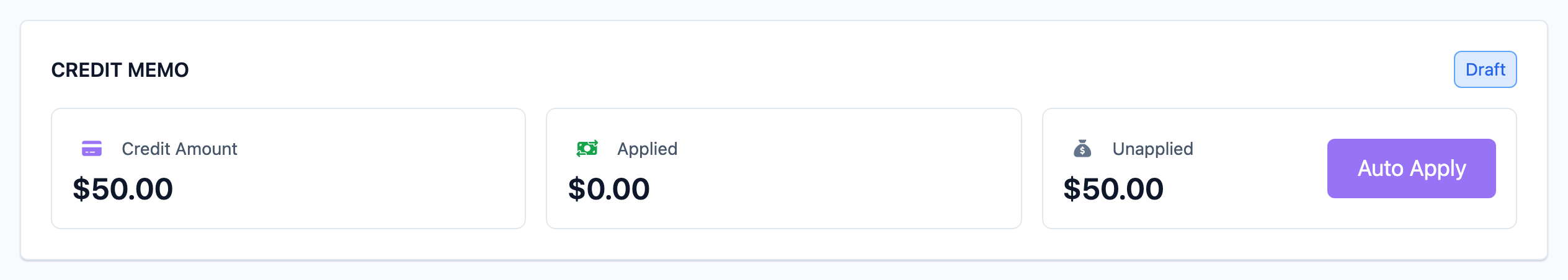 CREDIT MEMO summary card showing Credit Amount, Applied, and Unapplied