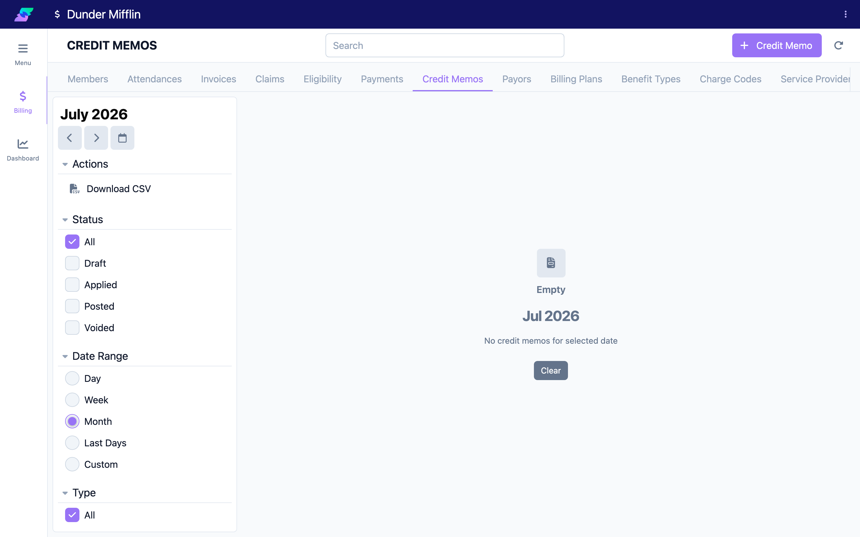 Credit Memos tab with the Credit Memo button in the action bar