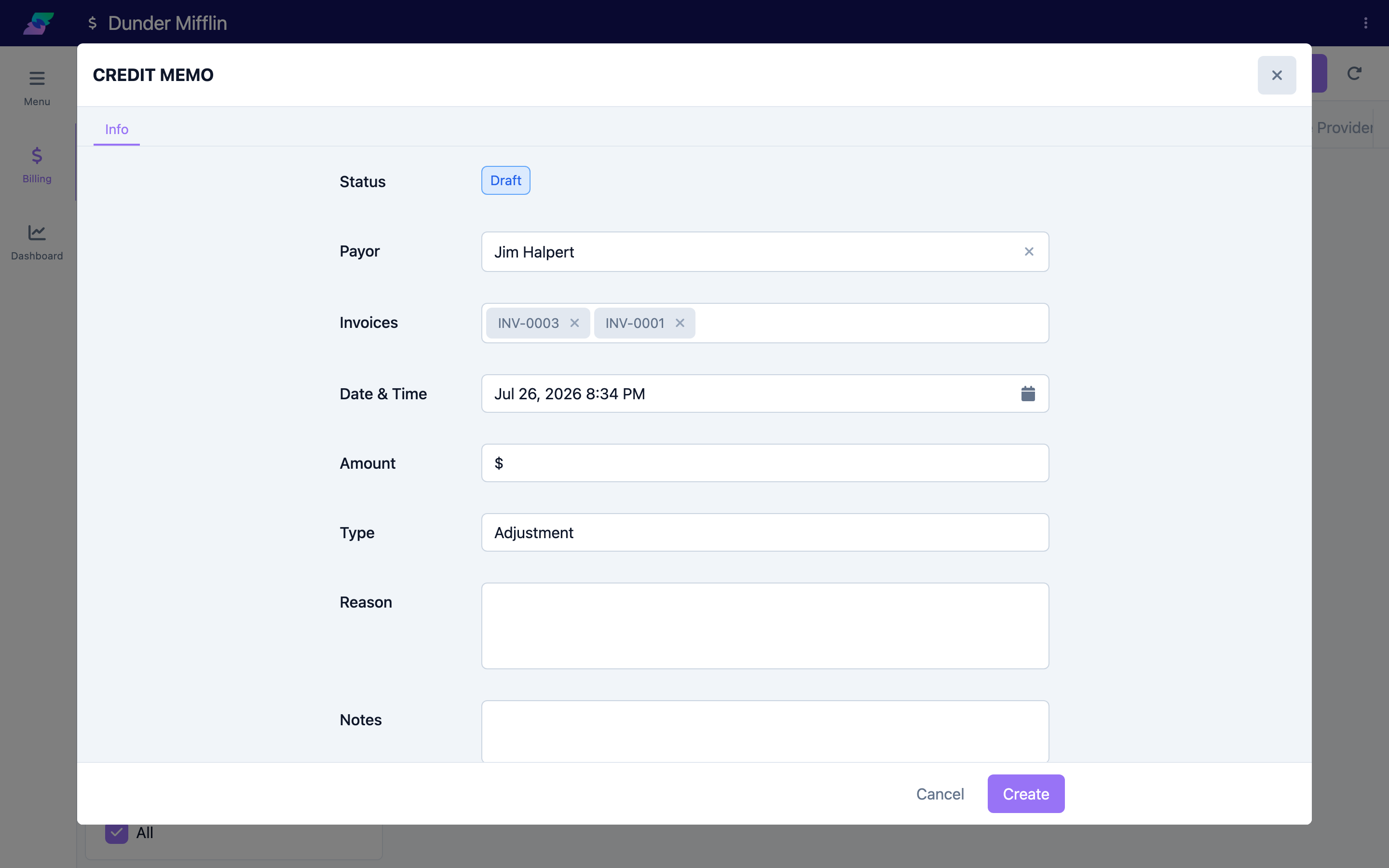 Payor and Invoices fields with multiple invoices selected