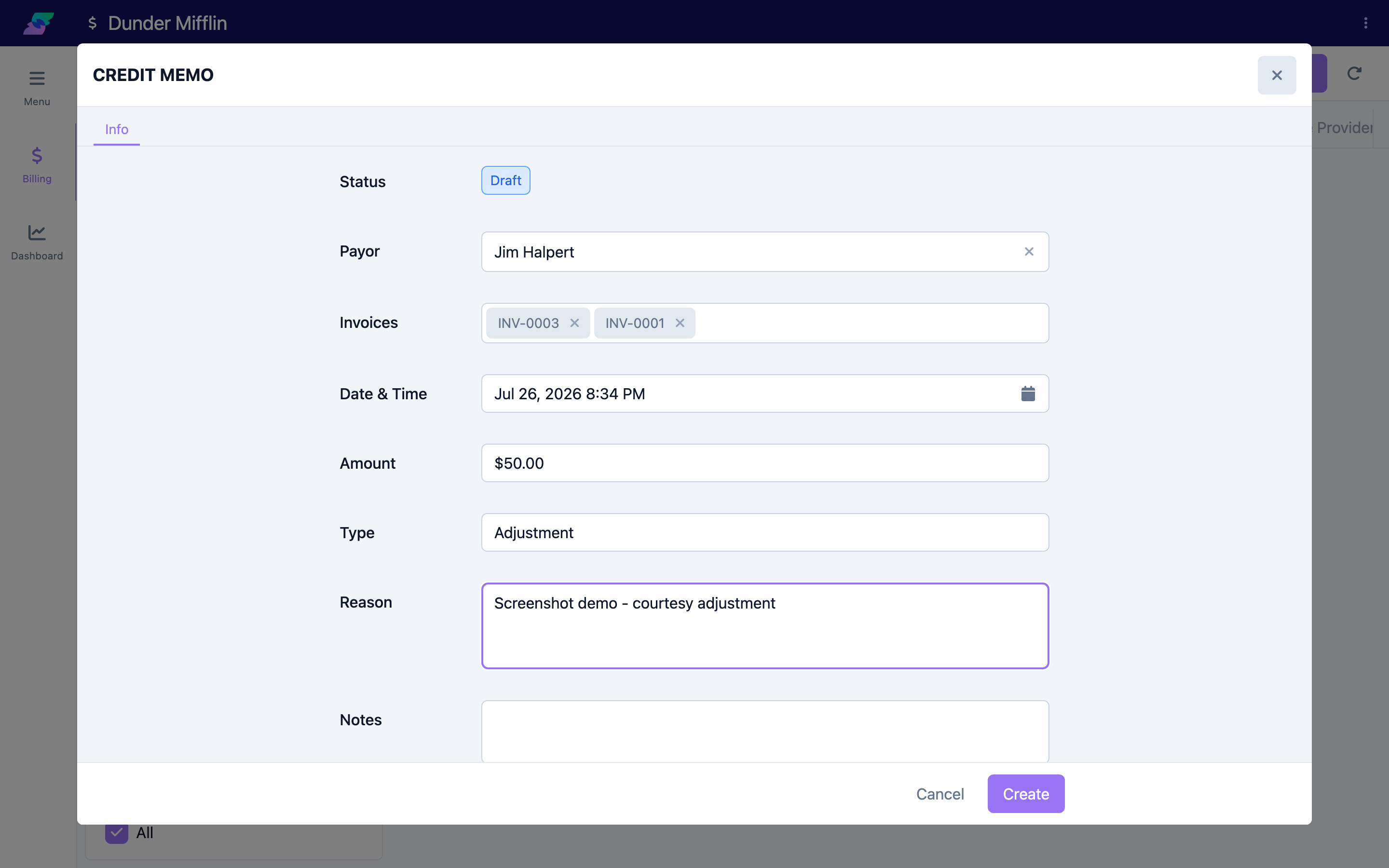 Amount, Type, and Reason fields on the credit memo form