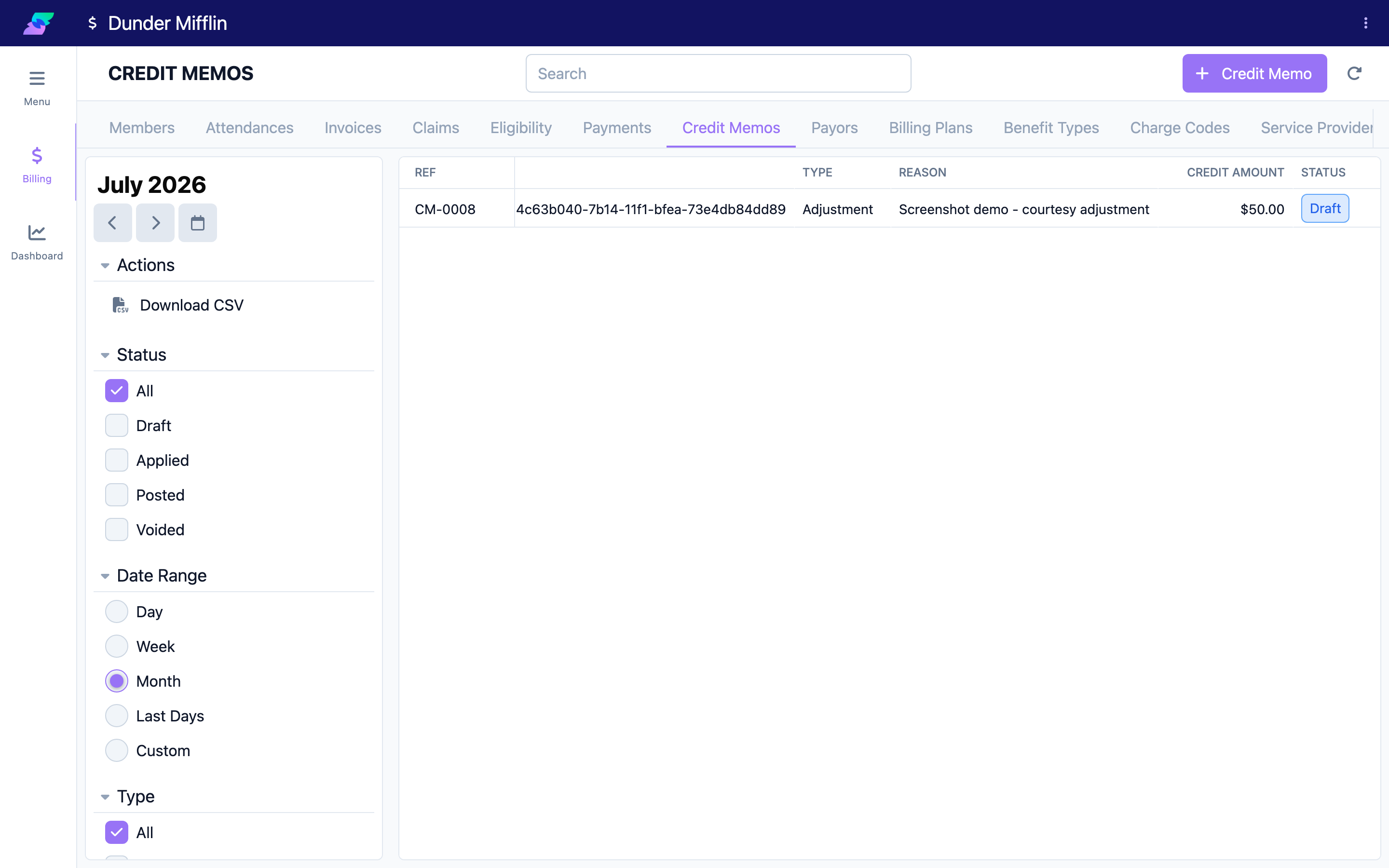 Credit Memos list showing the new memo in Draft status