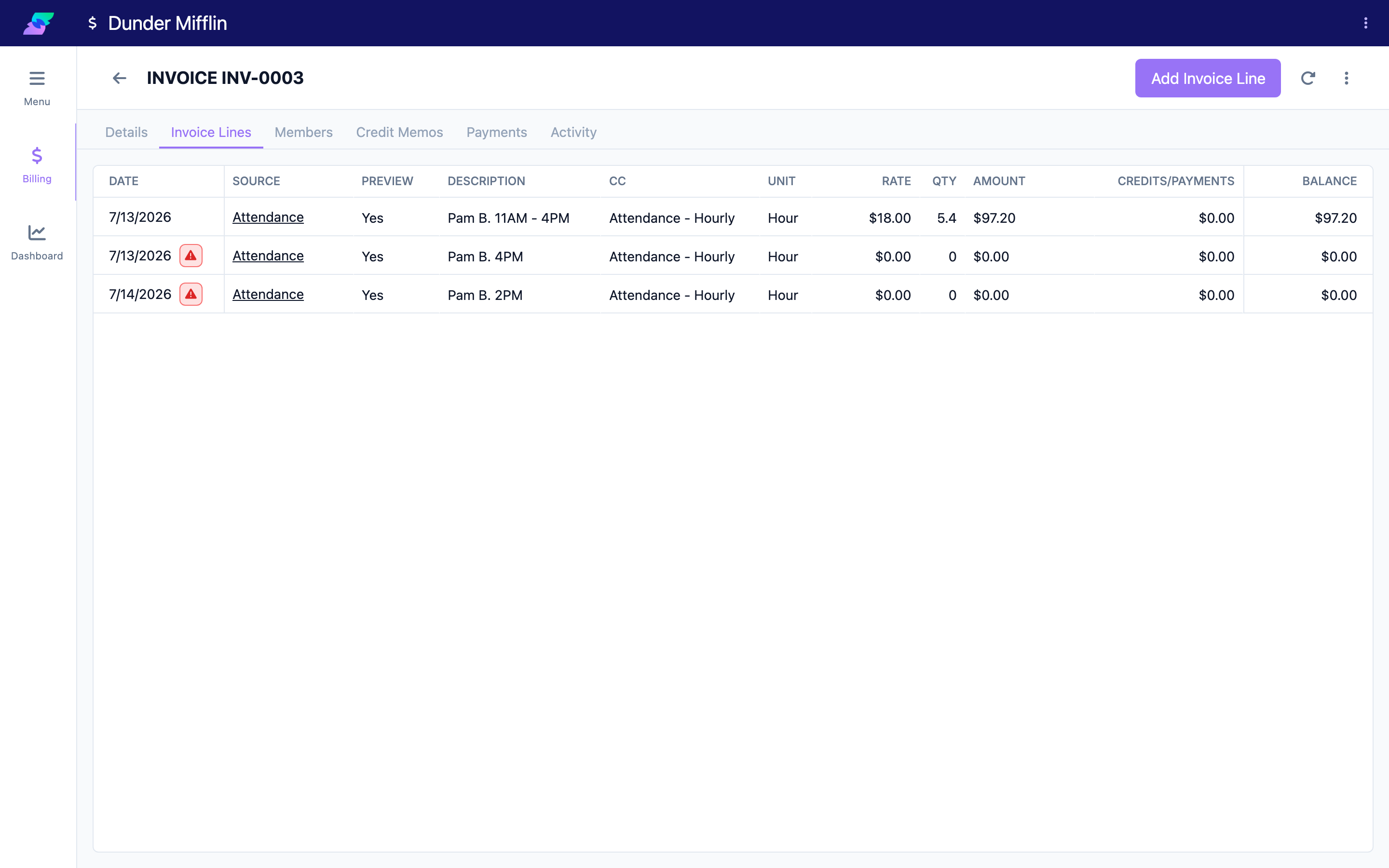 Invoice Lines tab with auto-generated preview lines