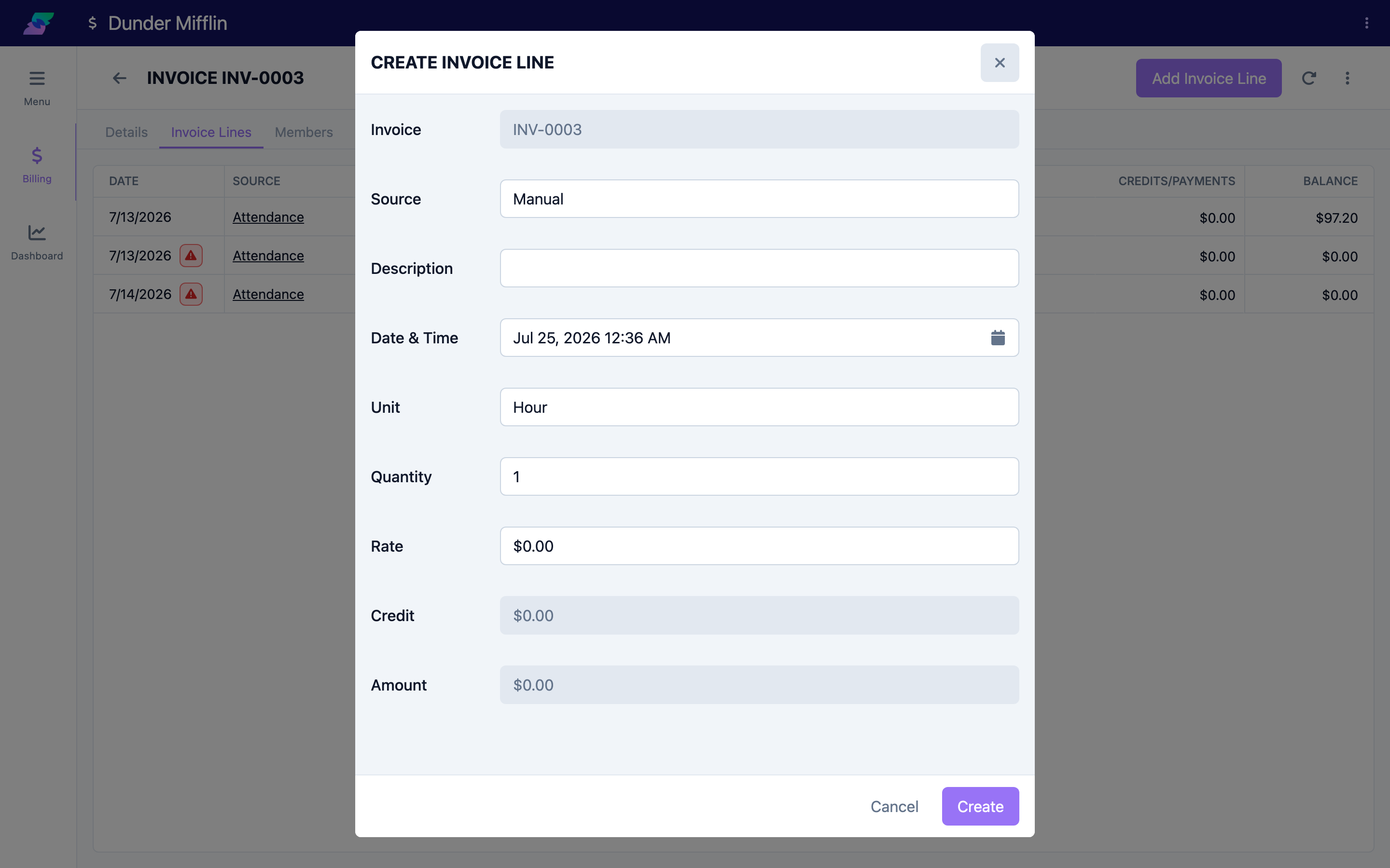 Manual invoice line form with description, unit, quantity, and rate