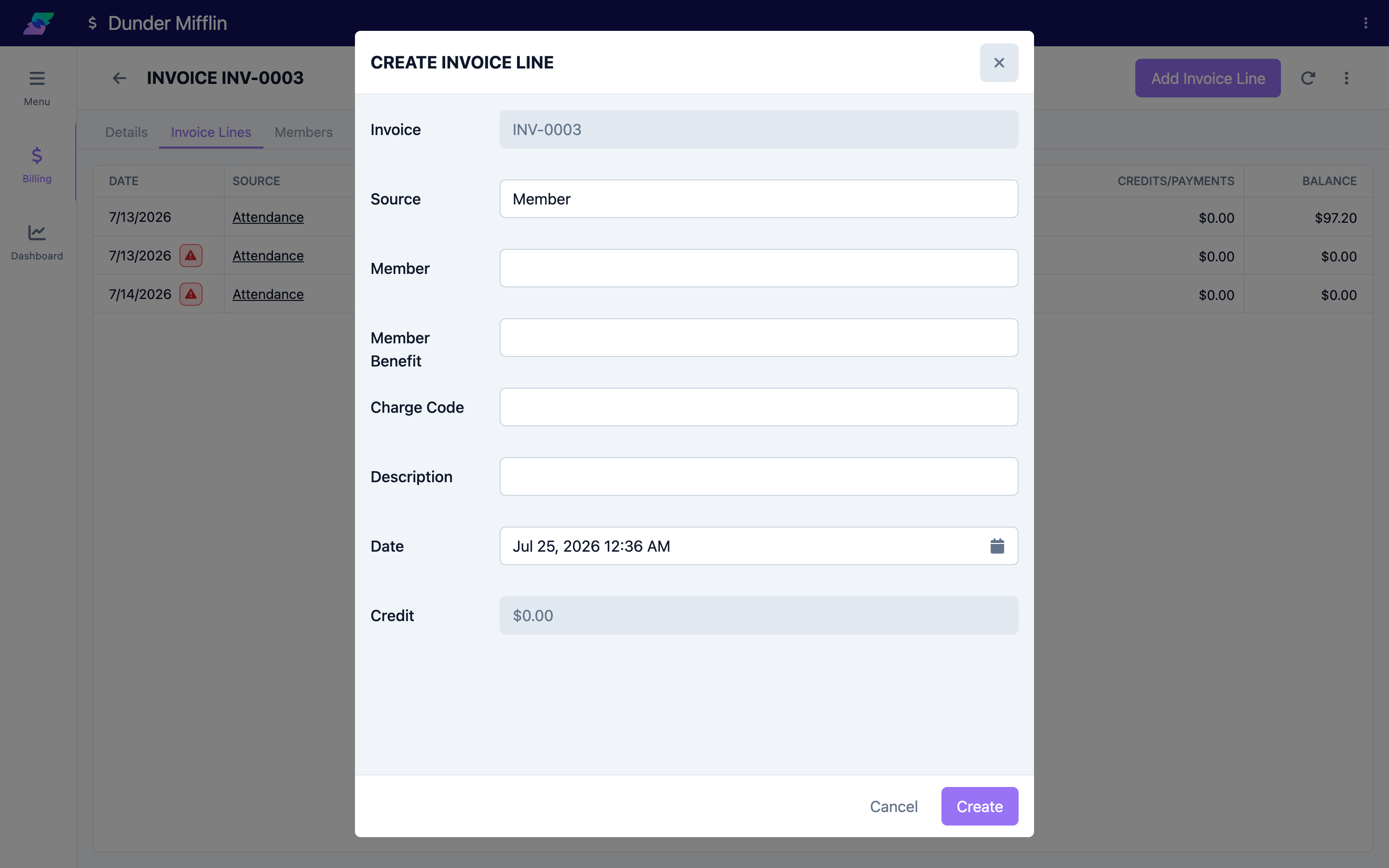 Member service line form with member benefit and charge code selectors