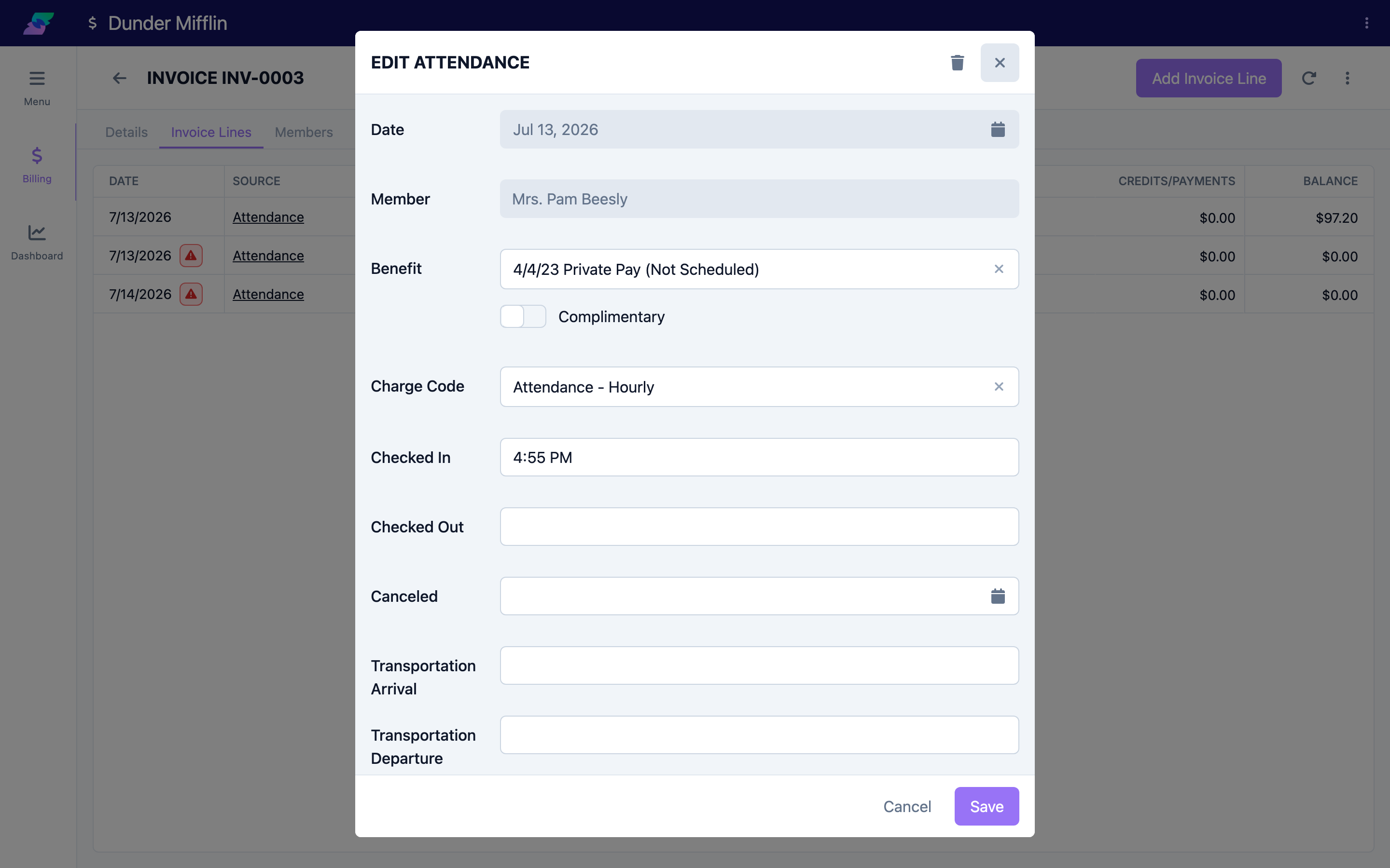 Editing an attendance line's charge code on a draft invoice