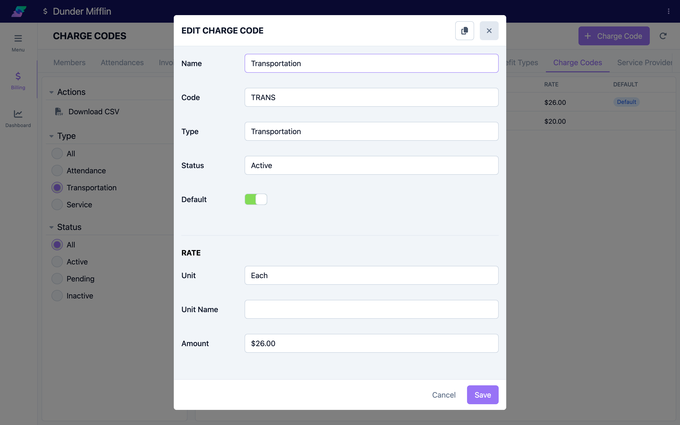 Charge code detail with Type set to Transportation