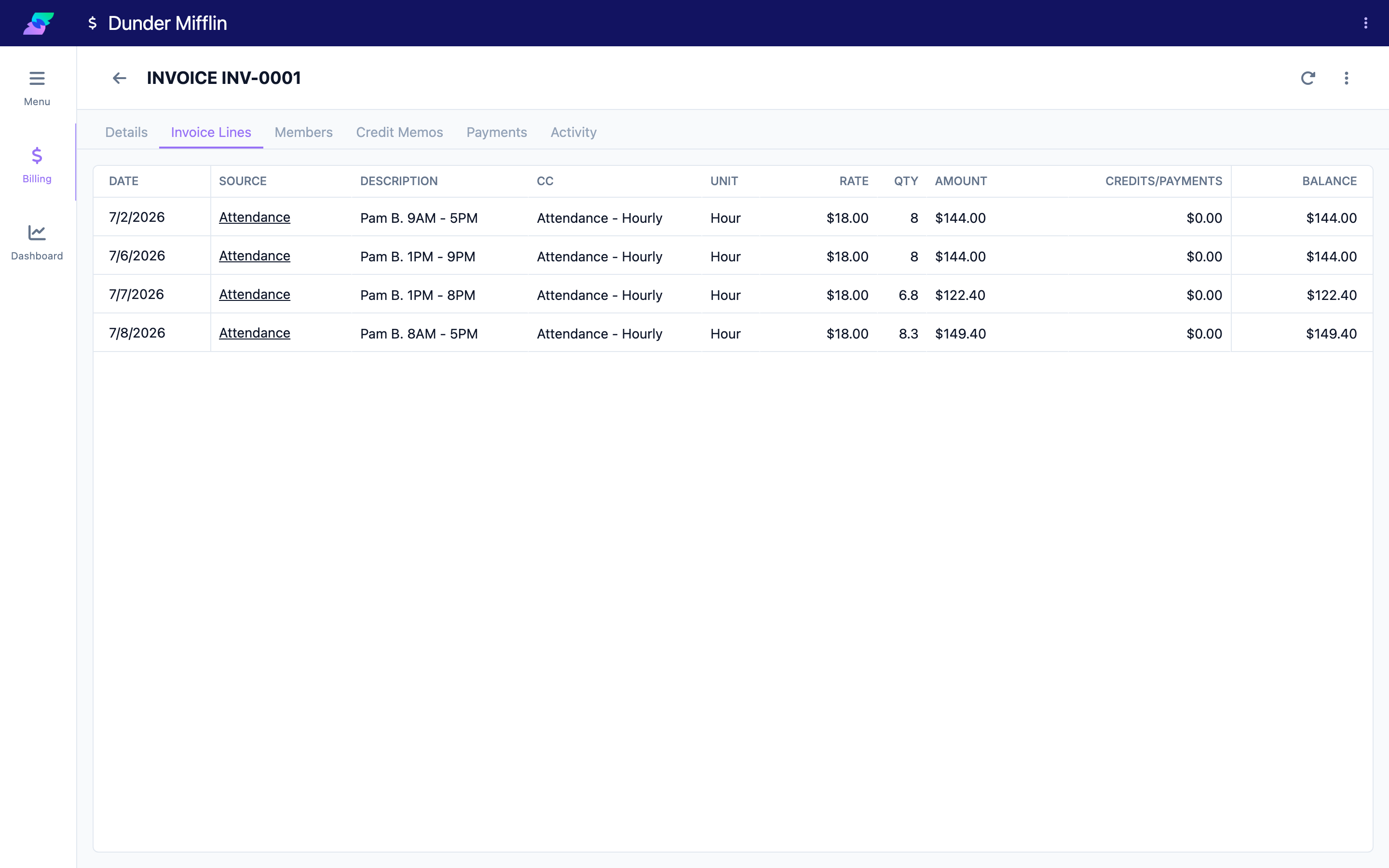 Invoice Lines tab (this demo invoice has only plain Attendance lines; a Transportation-billed invoice would also show Attendance Arrival / Attendance Departure sources here)