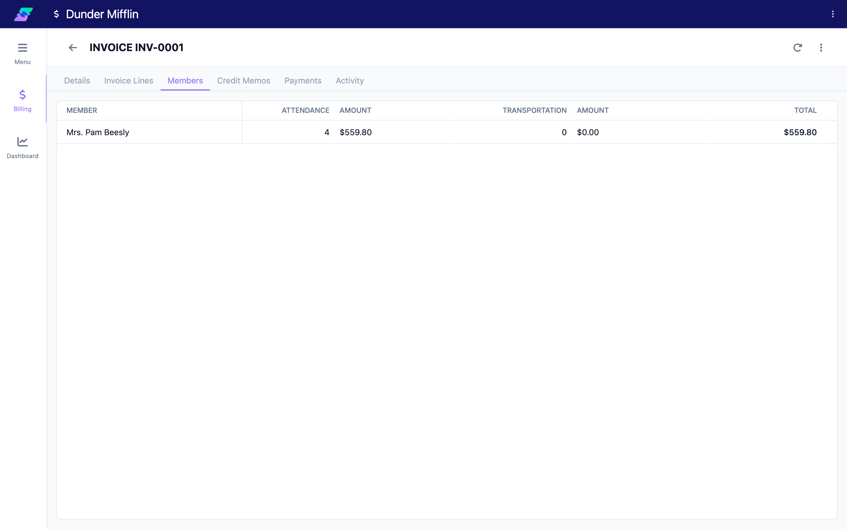 Invoice Members tab with Attendance and Transportation columns per member