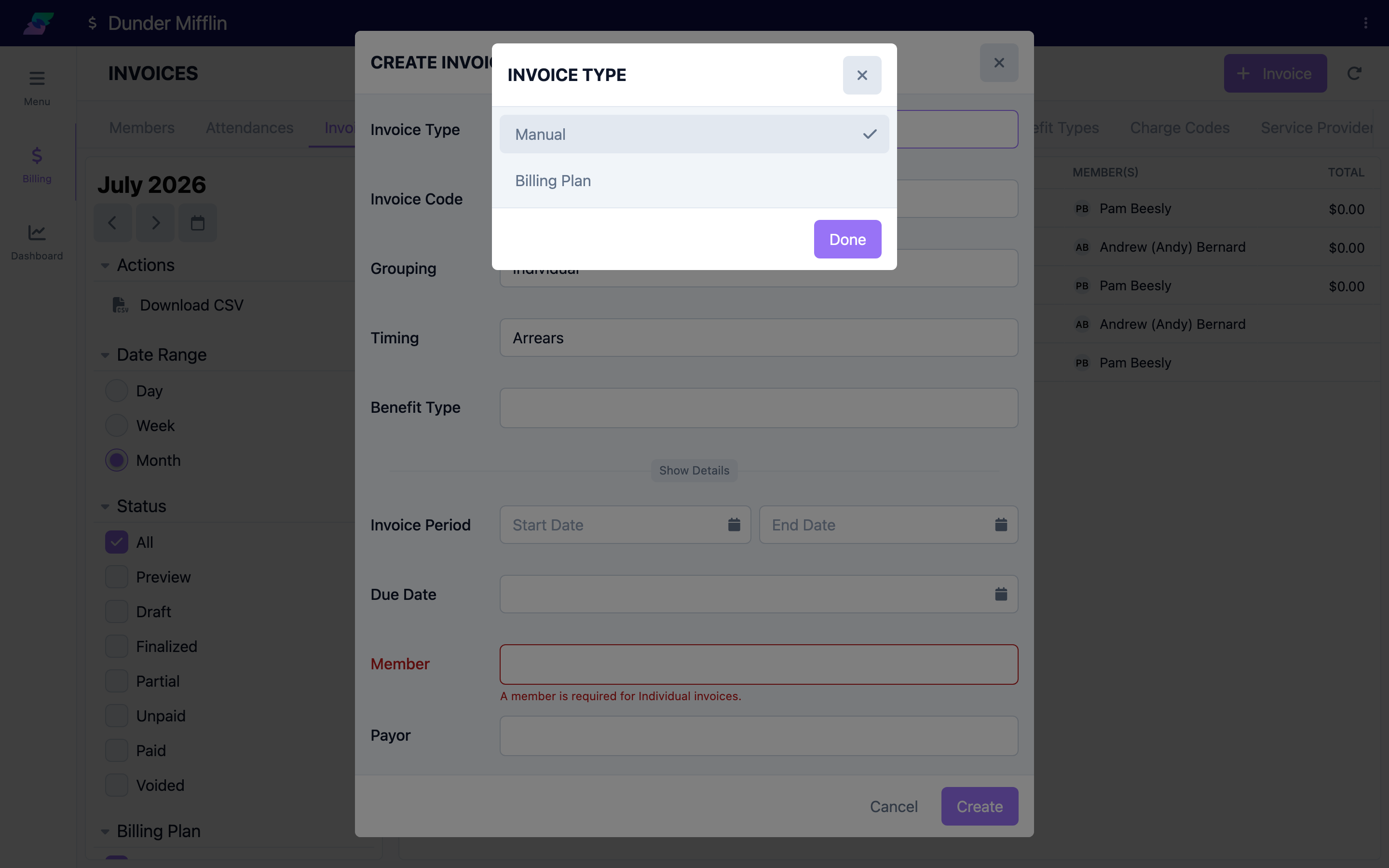 Invoice Type options with Manual and Billing Plan