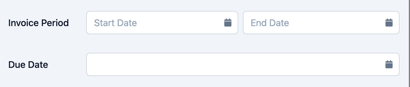 Invoice Period start and end date pickers with the Due Date field