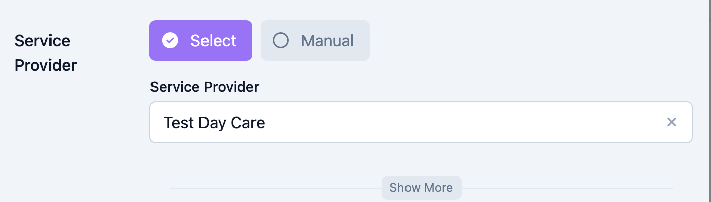 Service Provider section with Select and Manual options