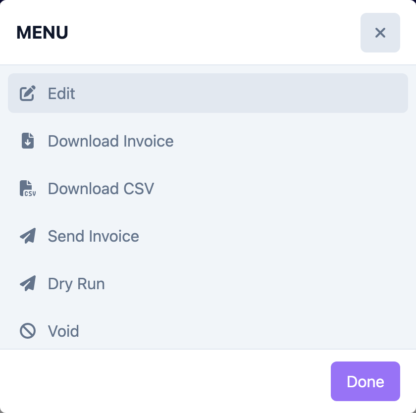 Send Invoice (resend) entry in the actions menu