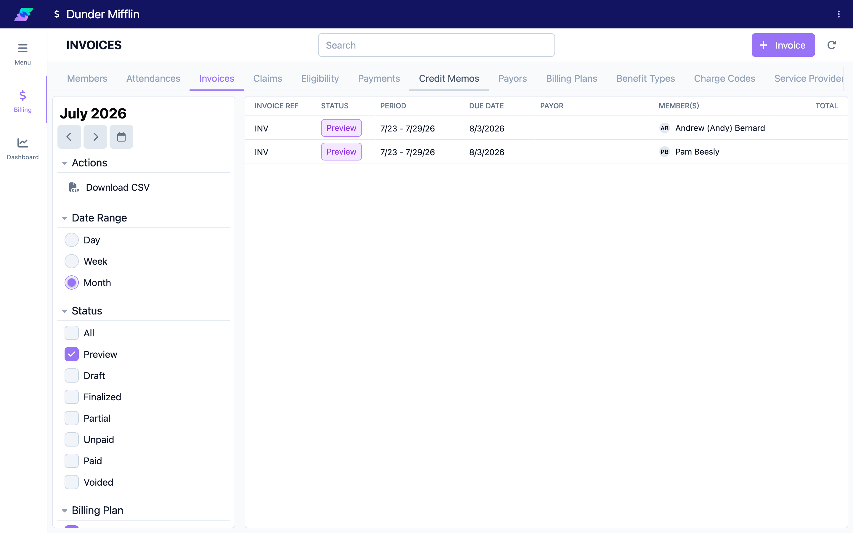Invoices list with the Status filter set to Preview