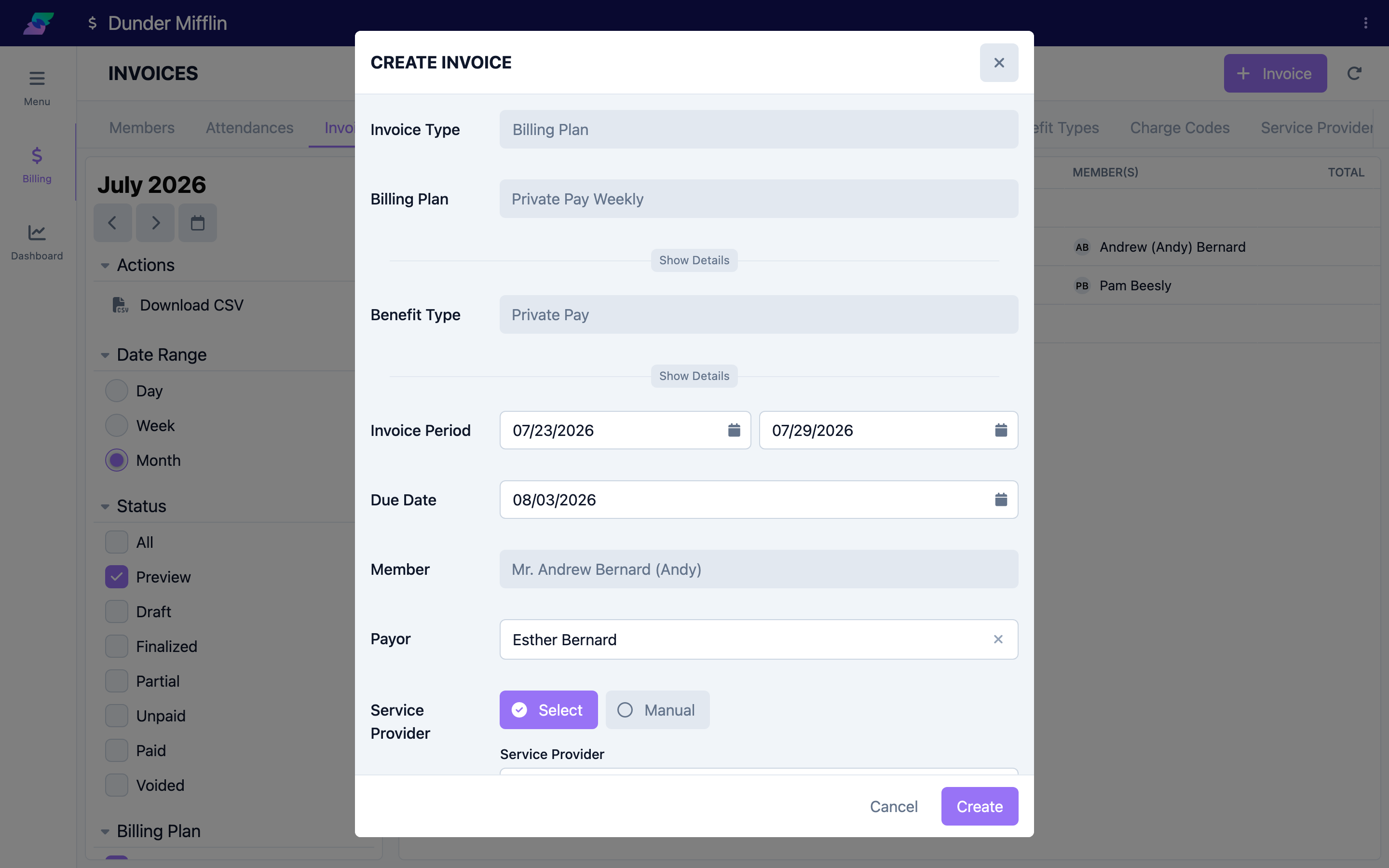 Invoice form pre-filled from a billing-plan preview