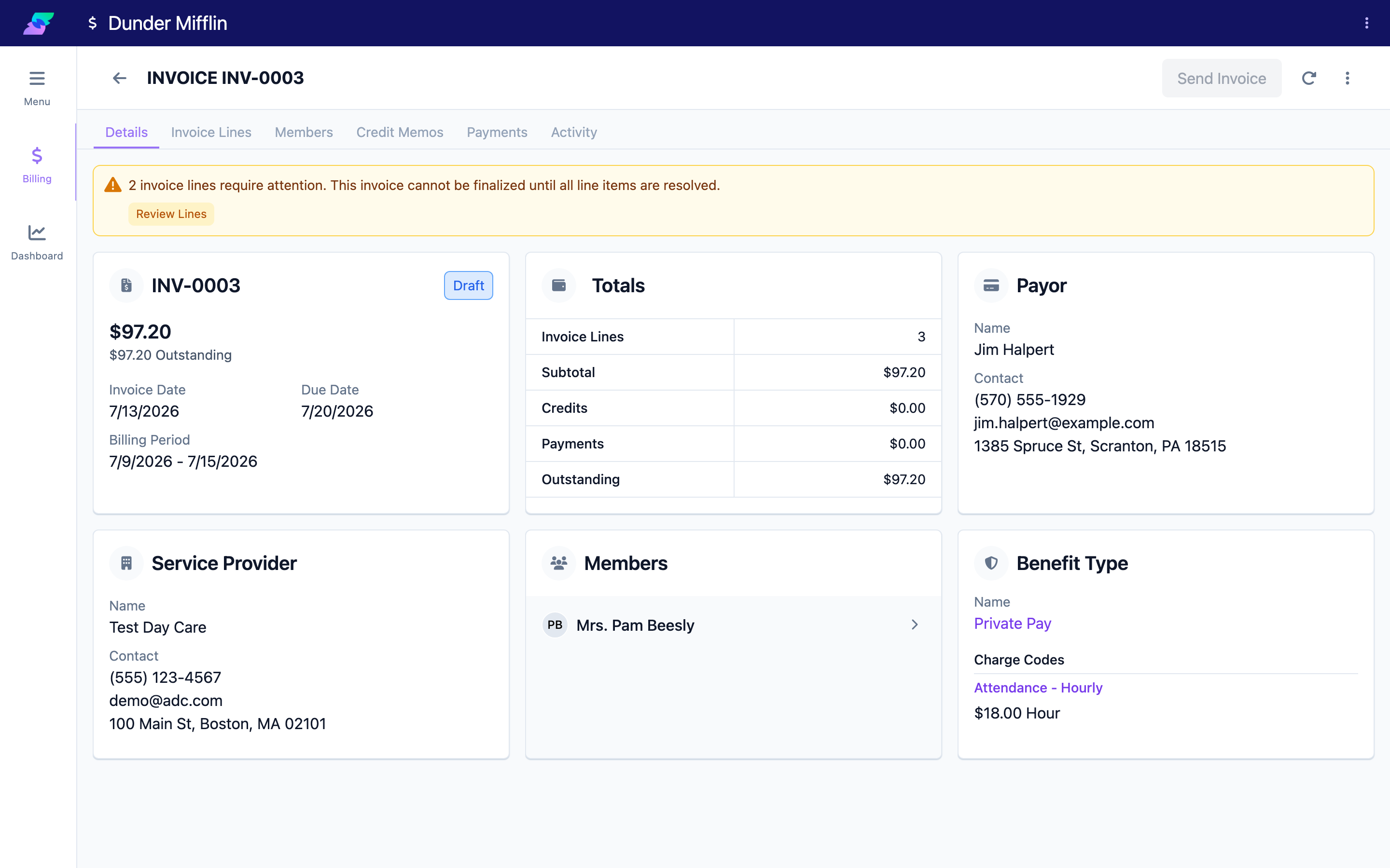 Draft invoice detail with the Send Invoice button and actions menu