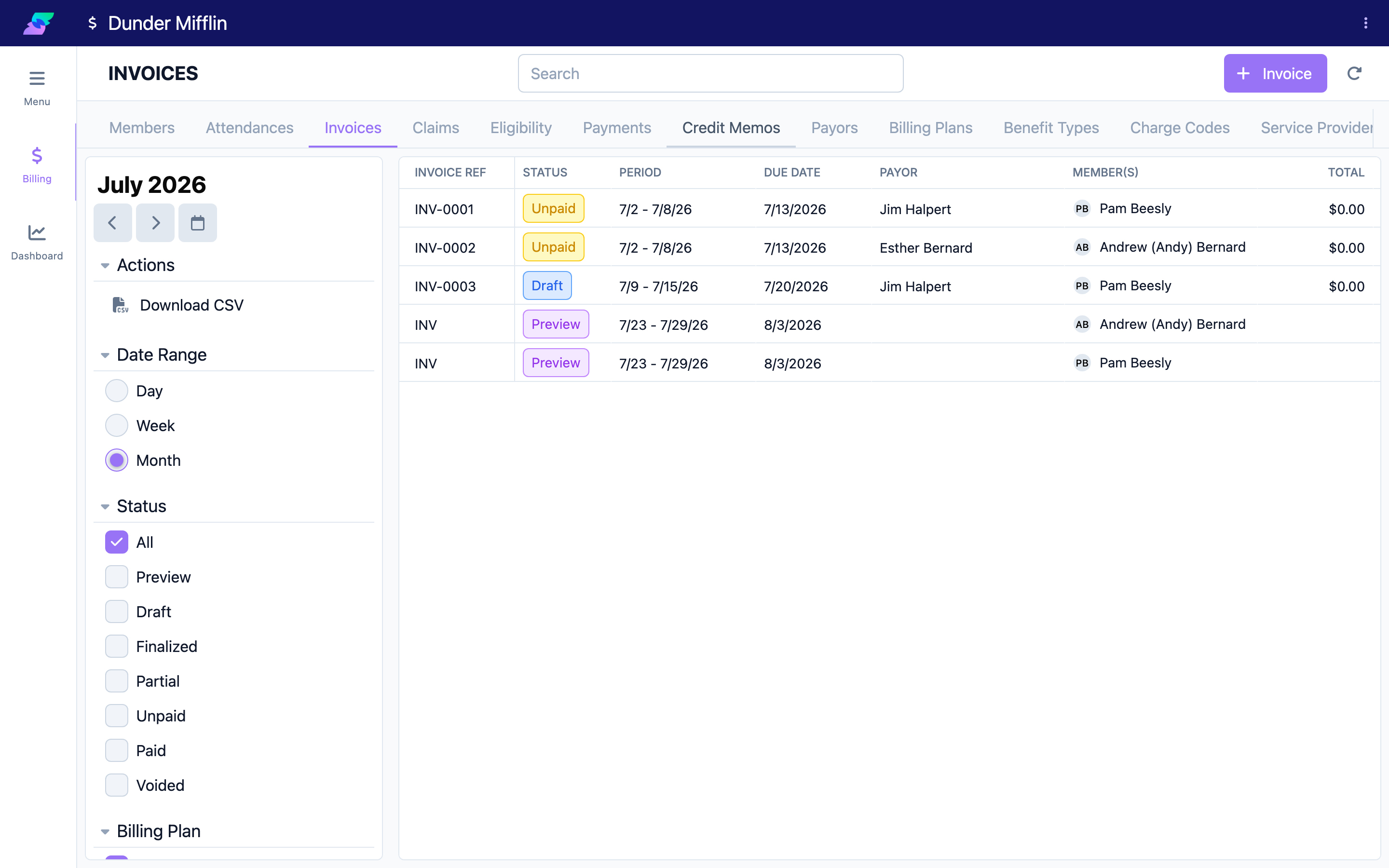 Invoices list with the Status, Billing Plan, Benefit Type, and Members filters