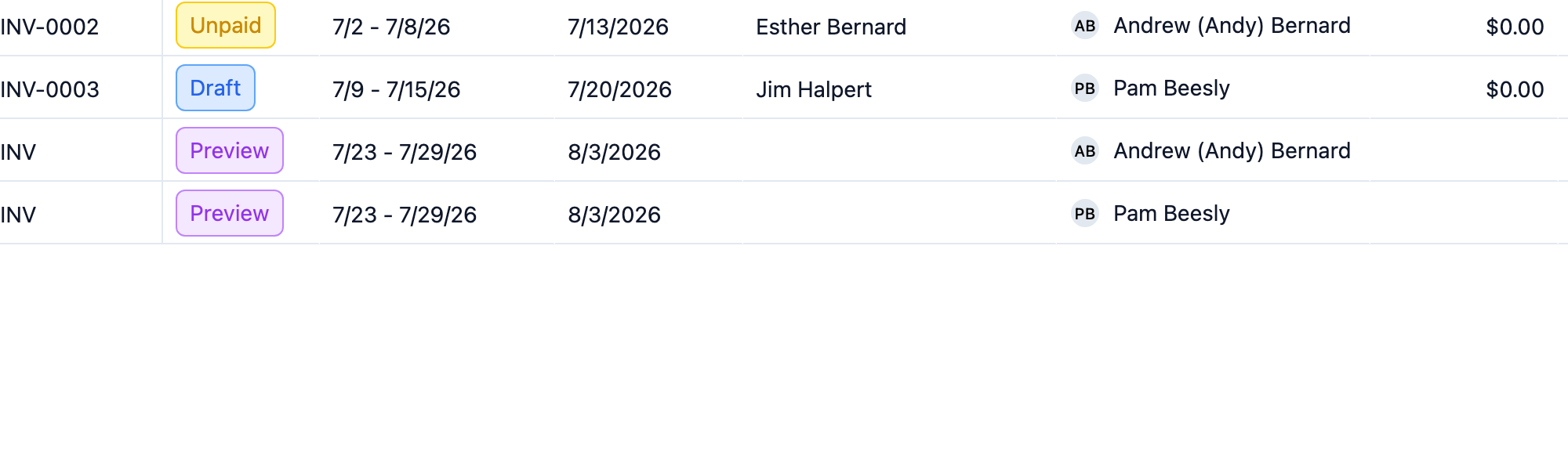 Invoice list rows showing different status pills