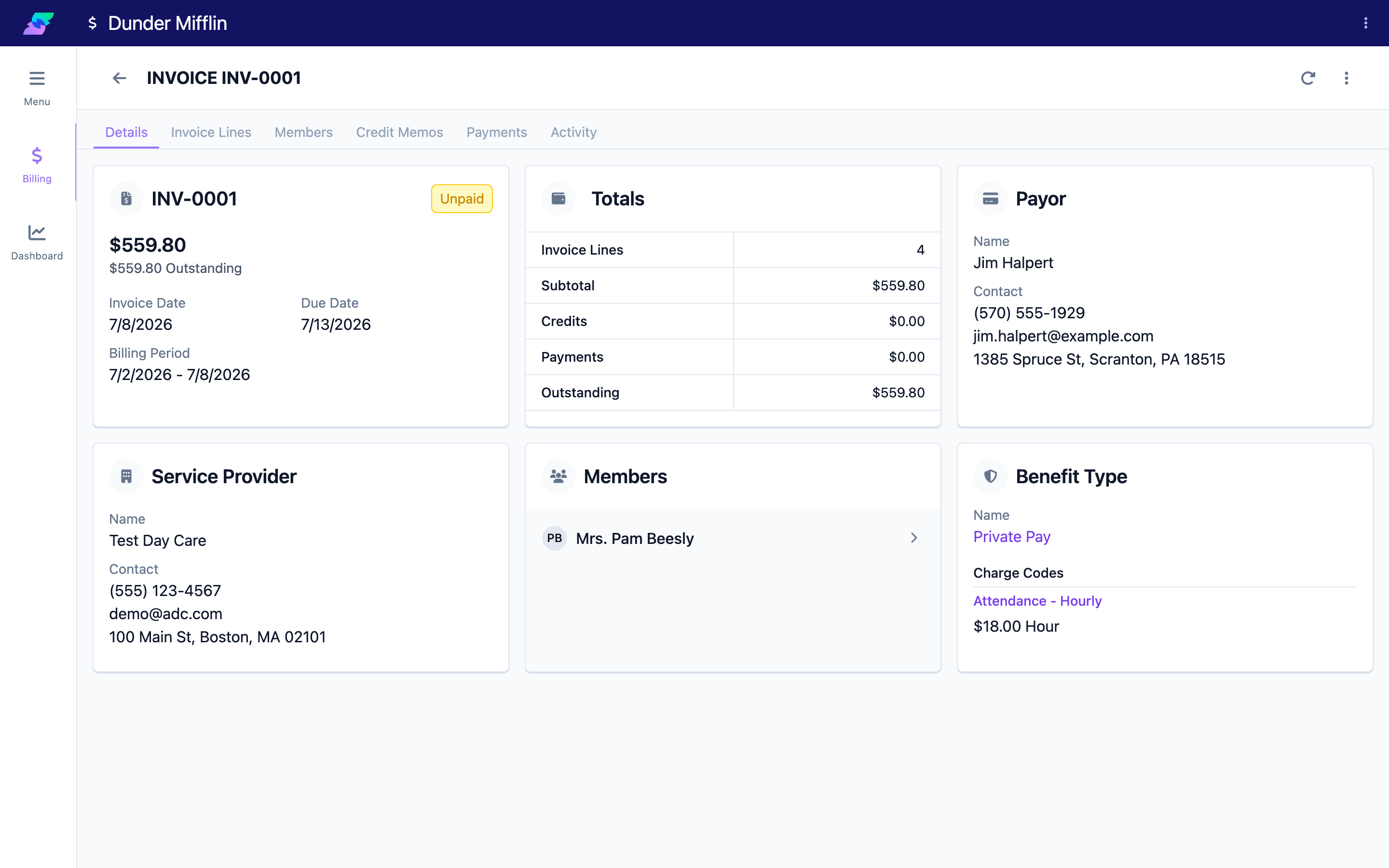 Invoice detail with its tab bar