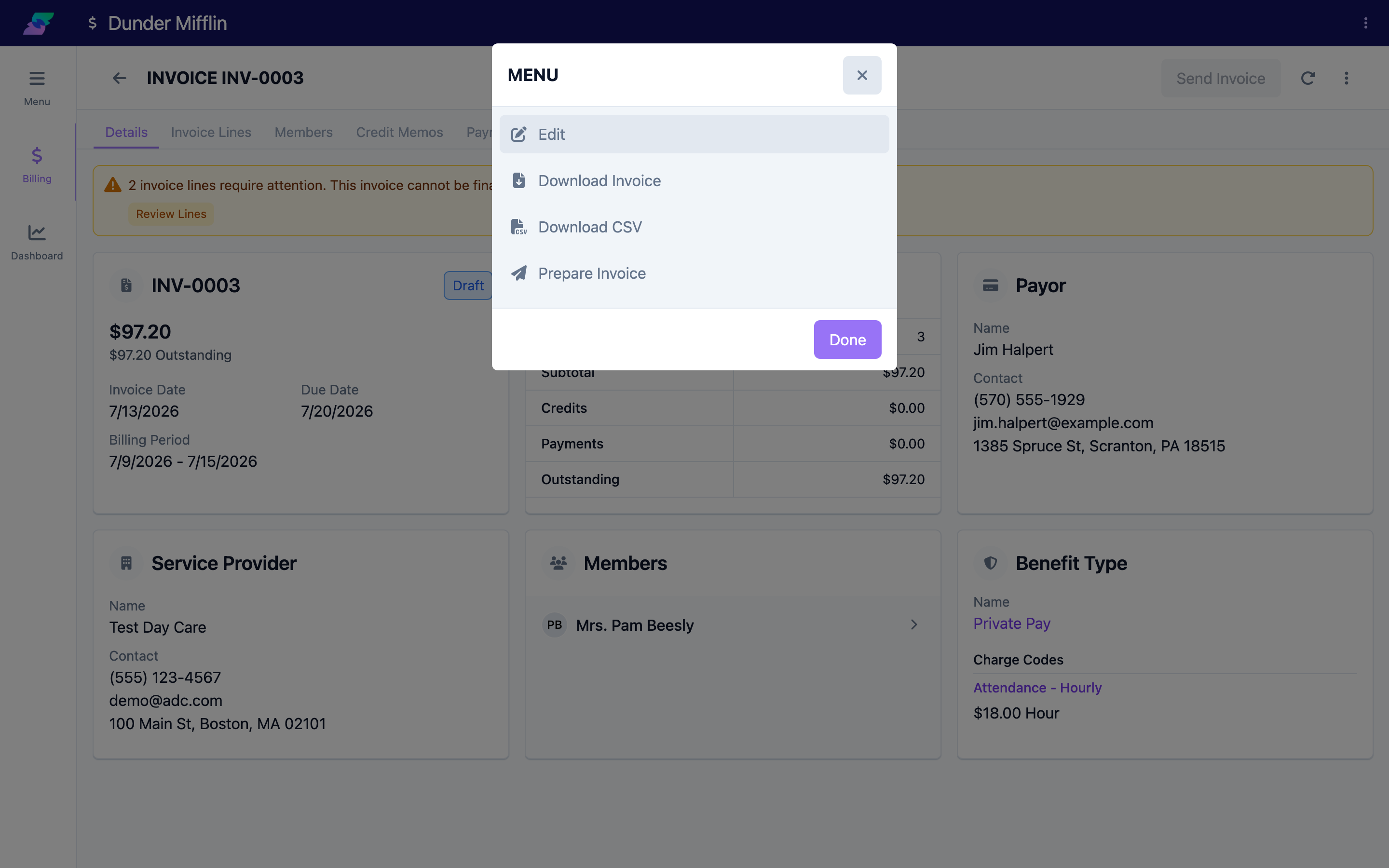 Edit option in the invoice actions menu