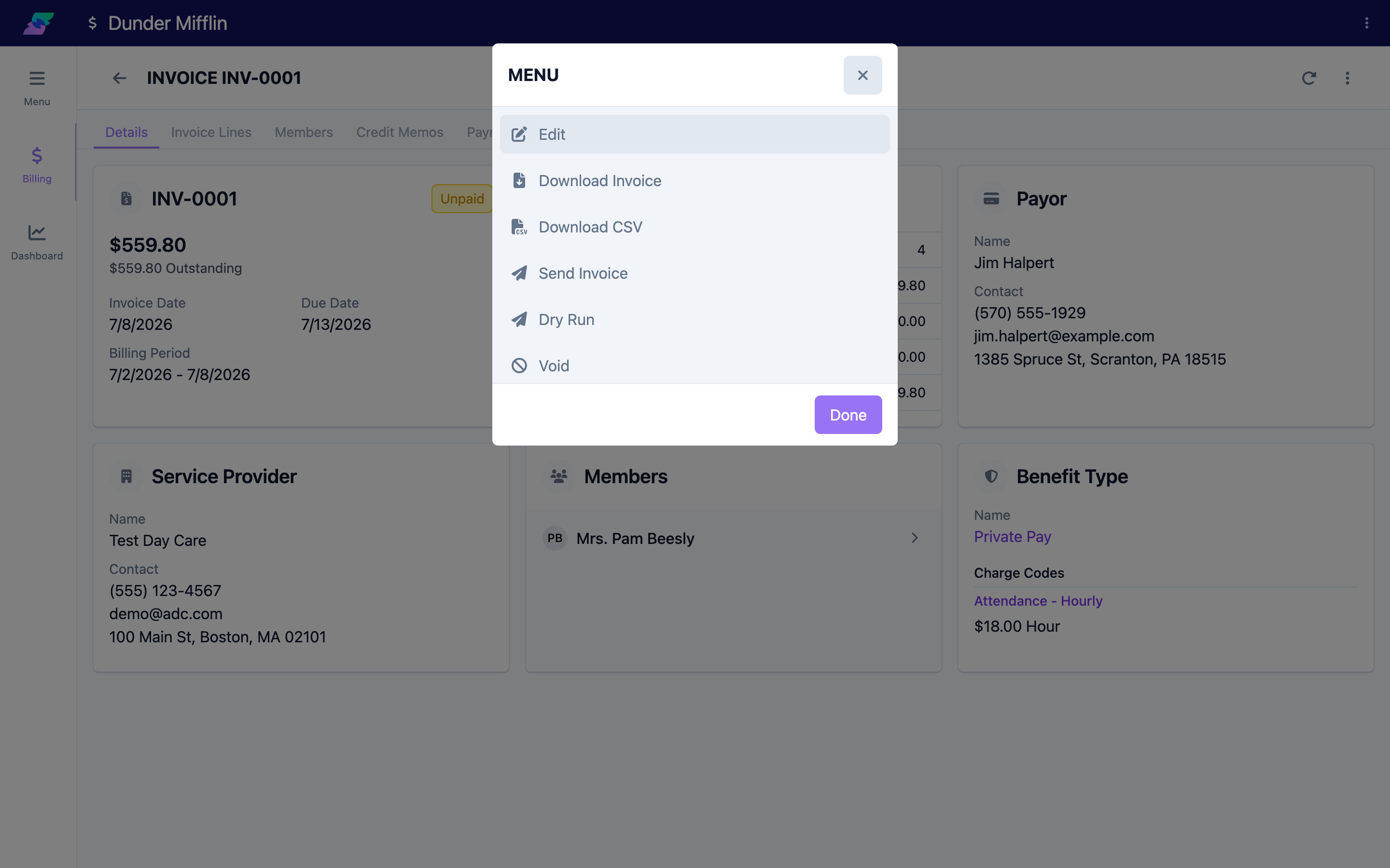 Invoice actions menu on a finalized invoice