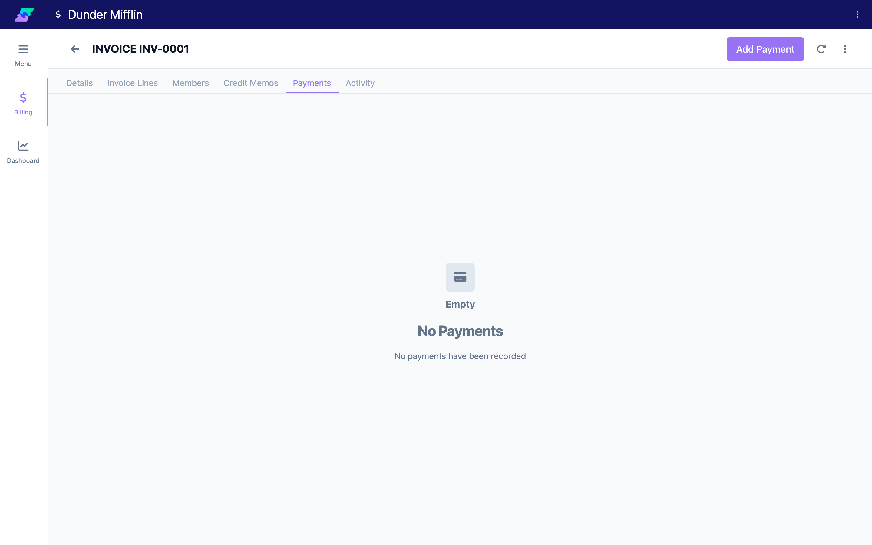 Payments tab (empty in this demo invoice — a populated tab lists each payment with a Void action)